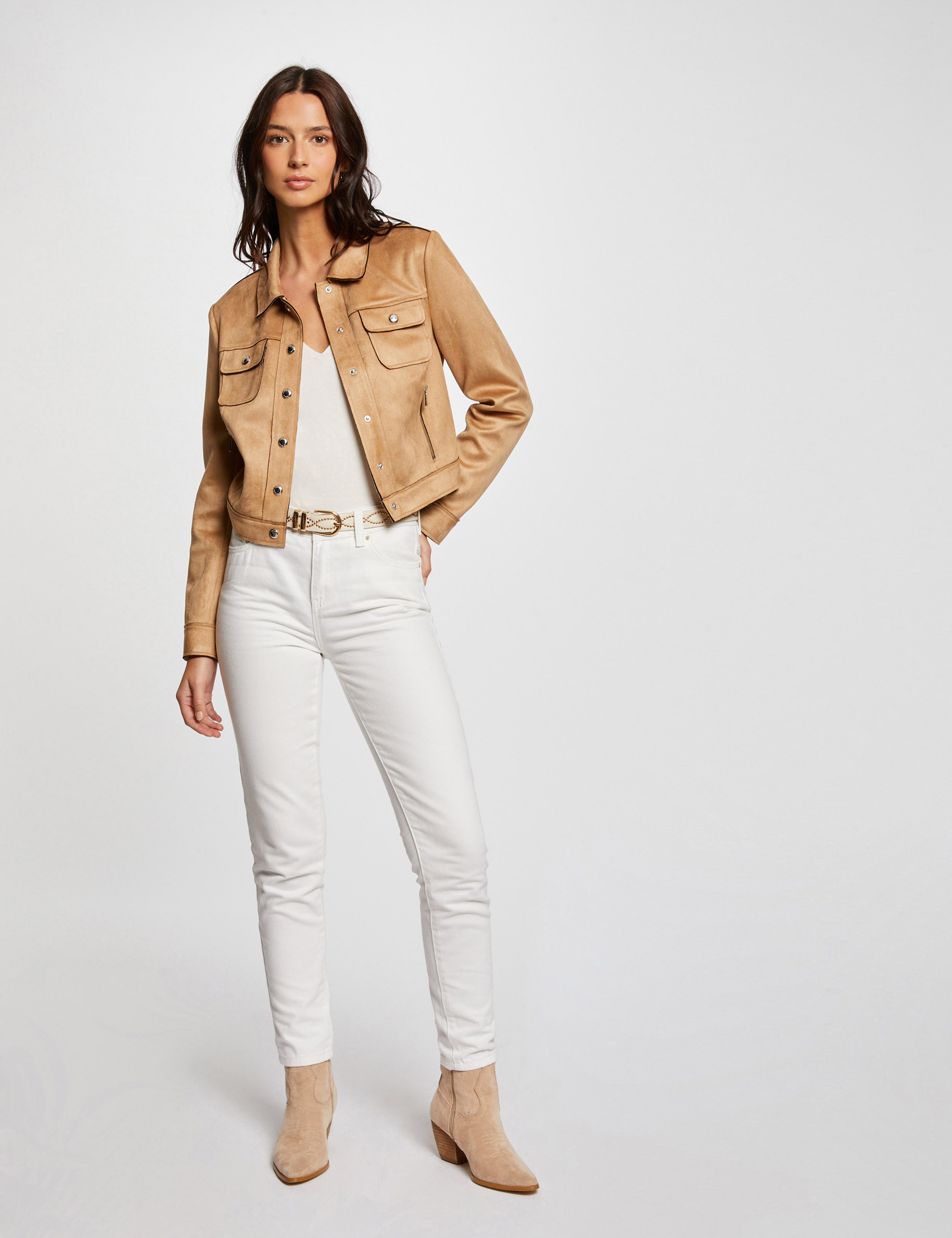 Buttoned suede jacket camel women