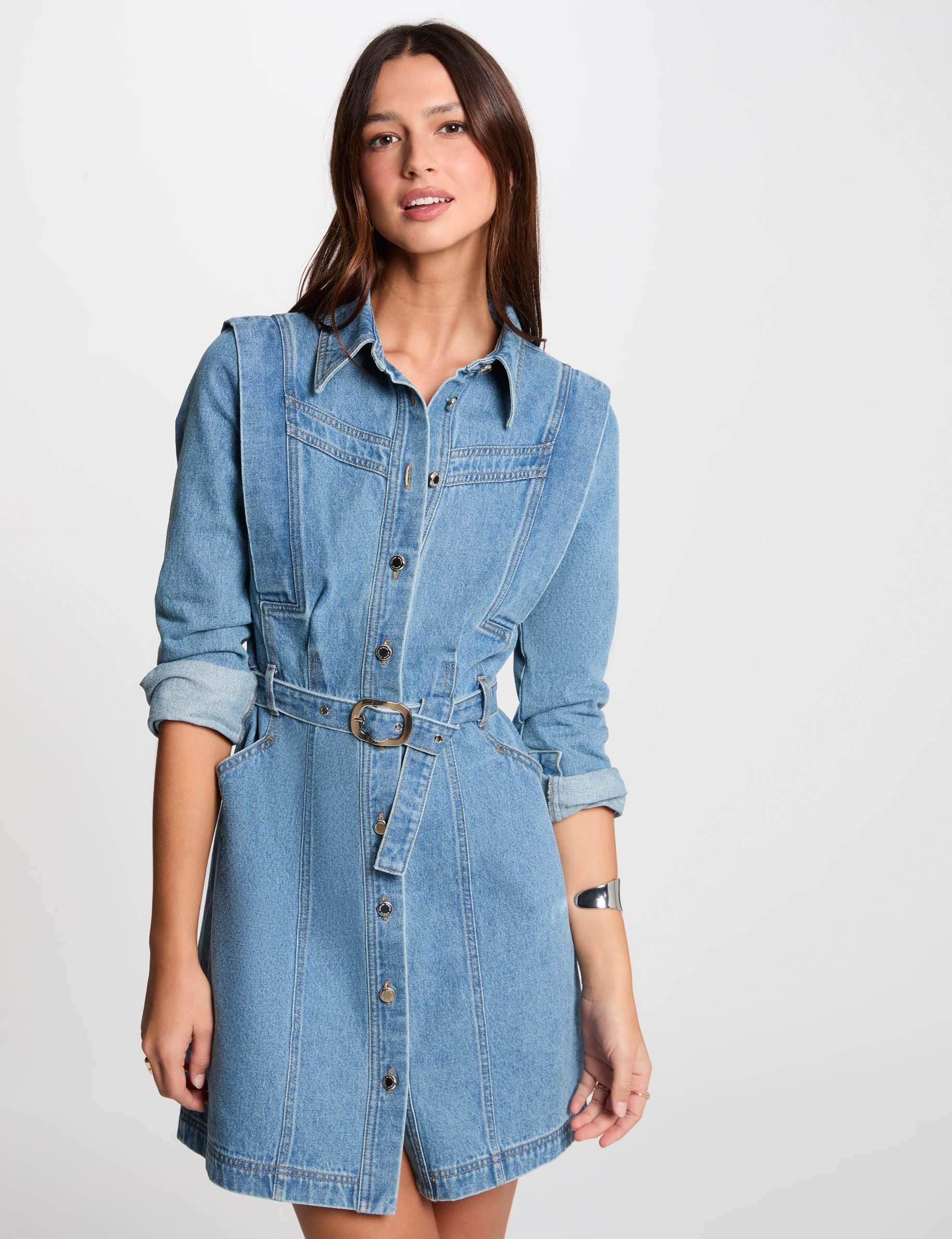 Fitted buttoned denim dress stone wash denim women