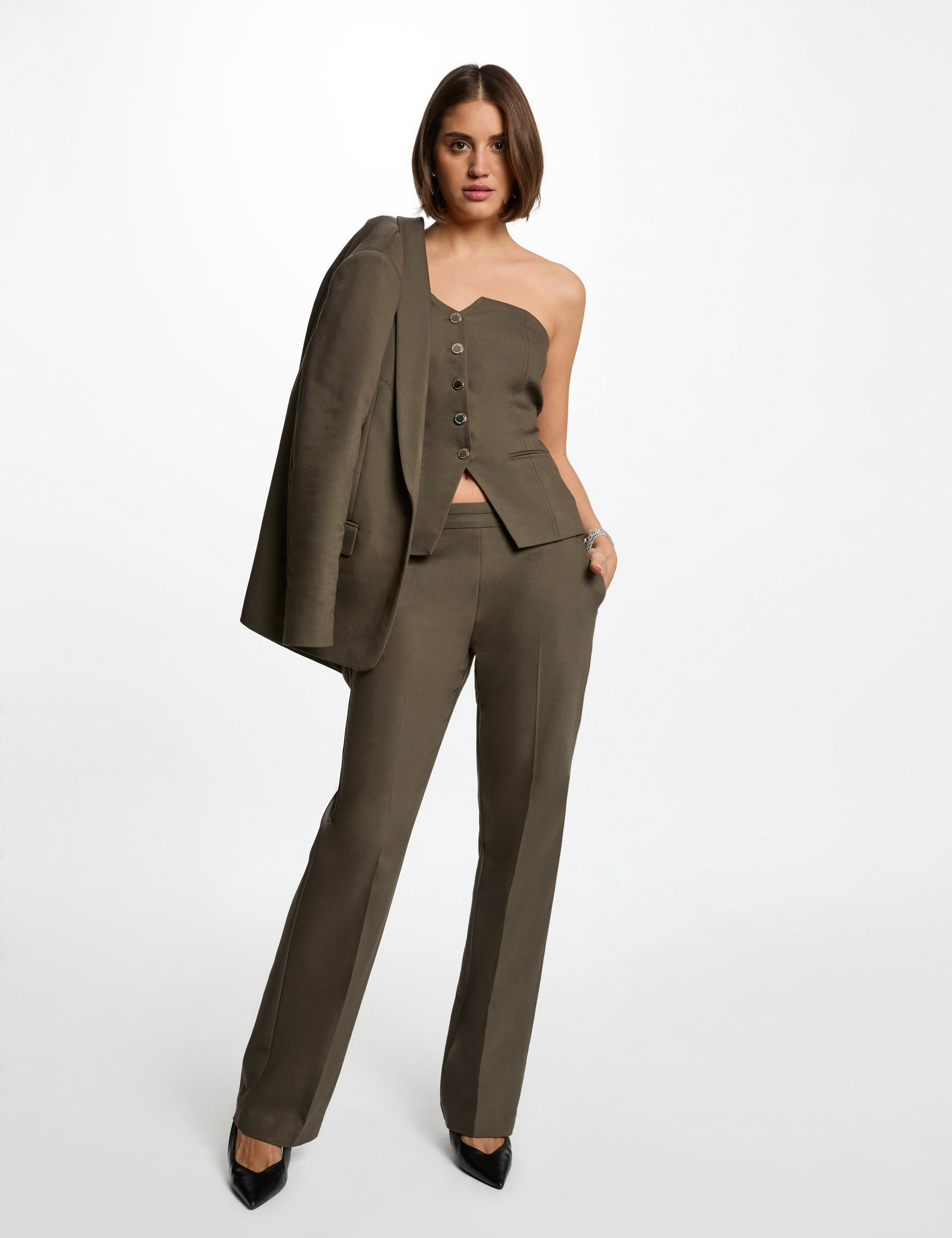 Cigarette trousers with darts khaki green women