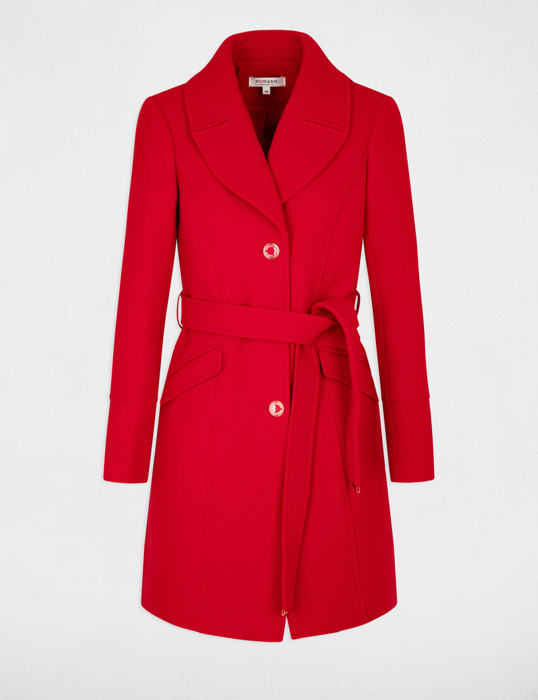 Belted long coat red women | Morgan