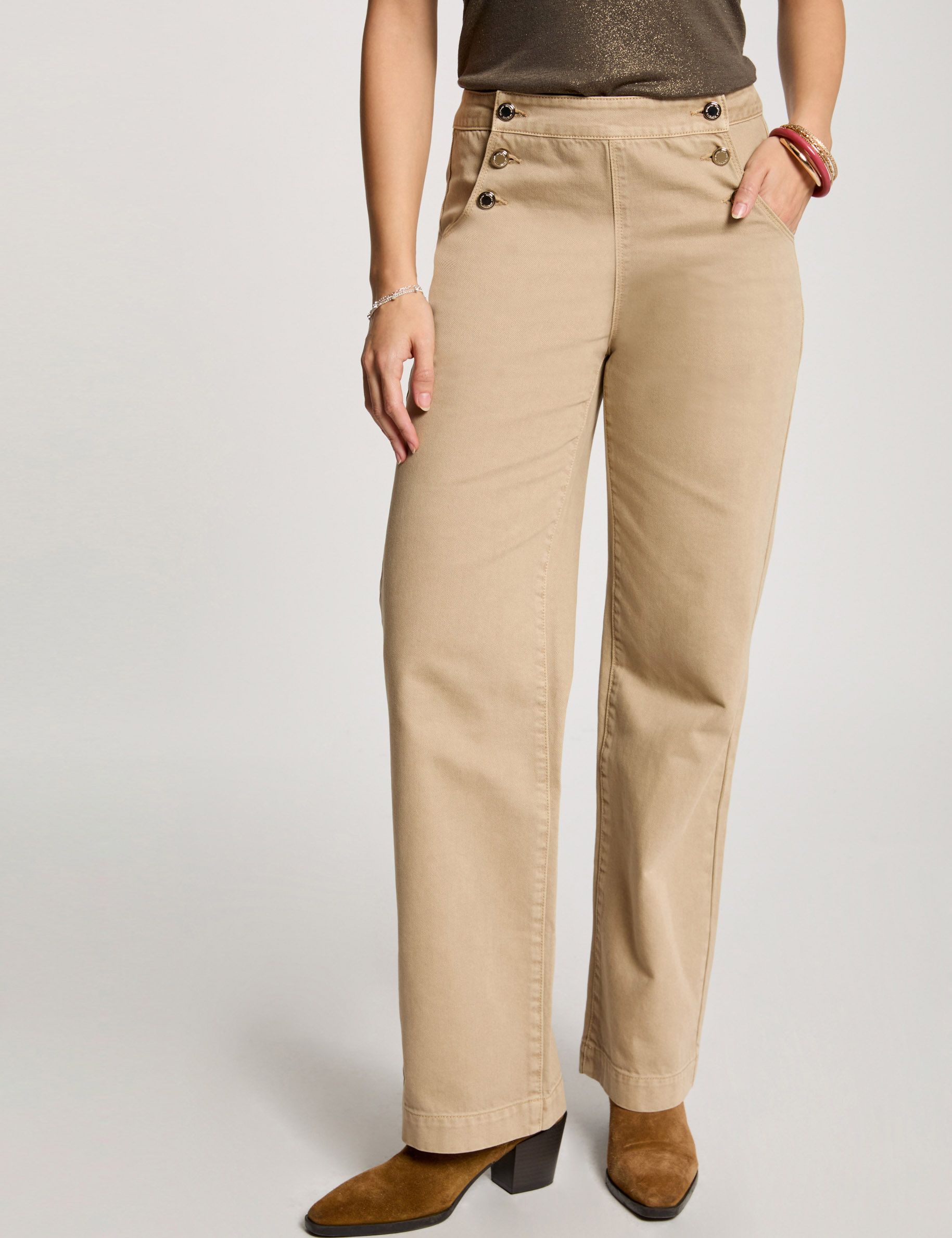 Wide leg trousers with buttons light brown women