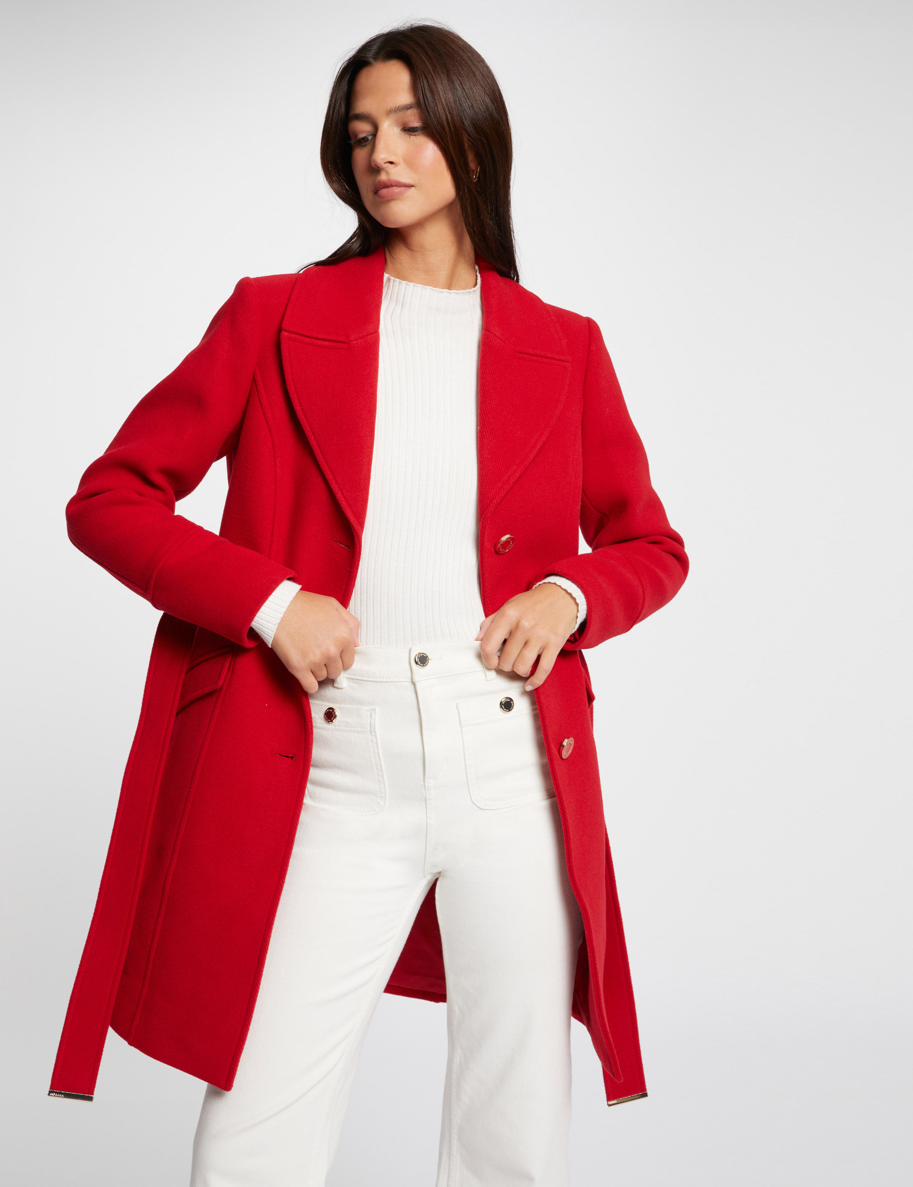 Belted long coat red women