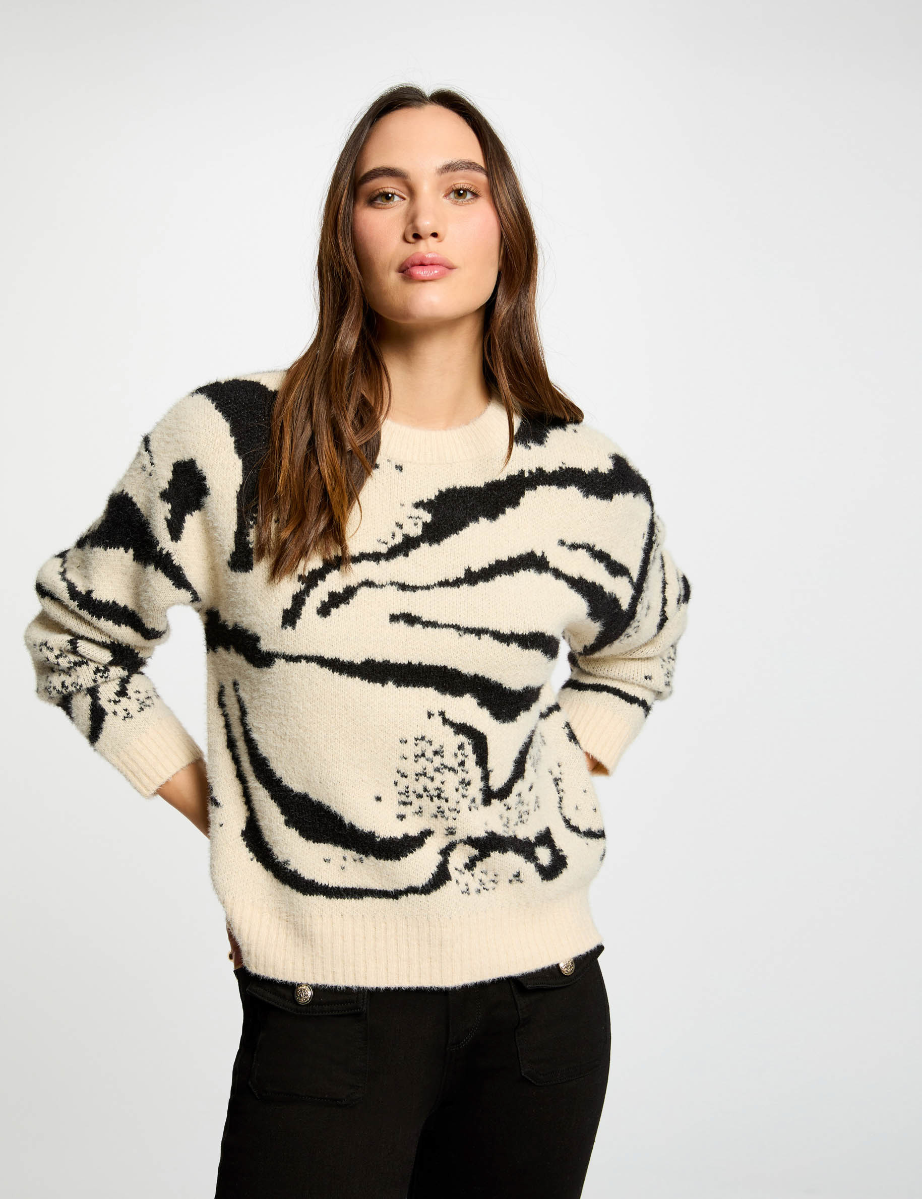 Printed jumper round neck beige women