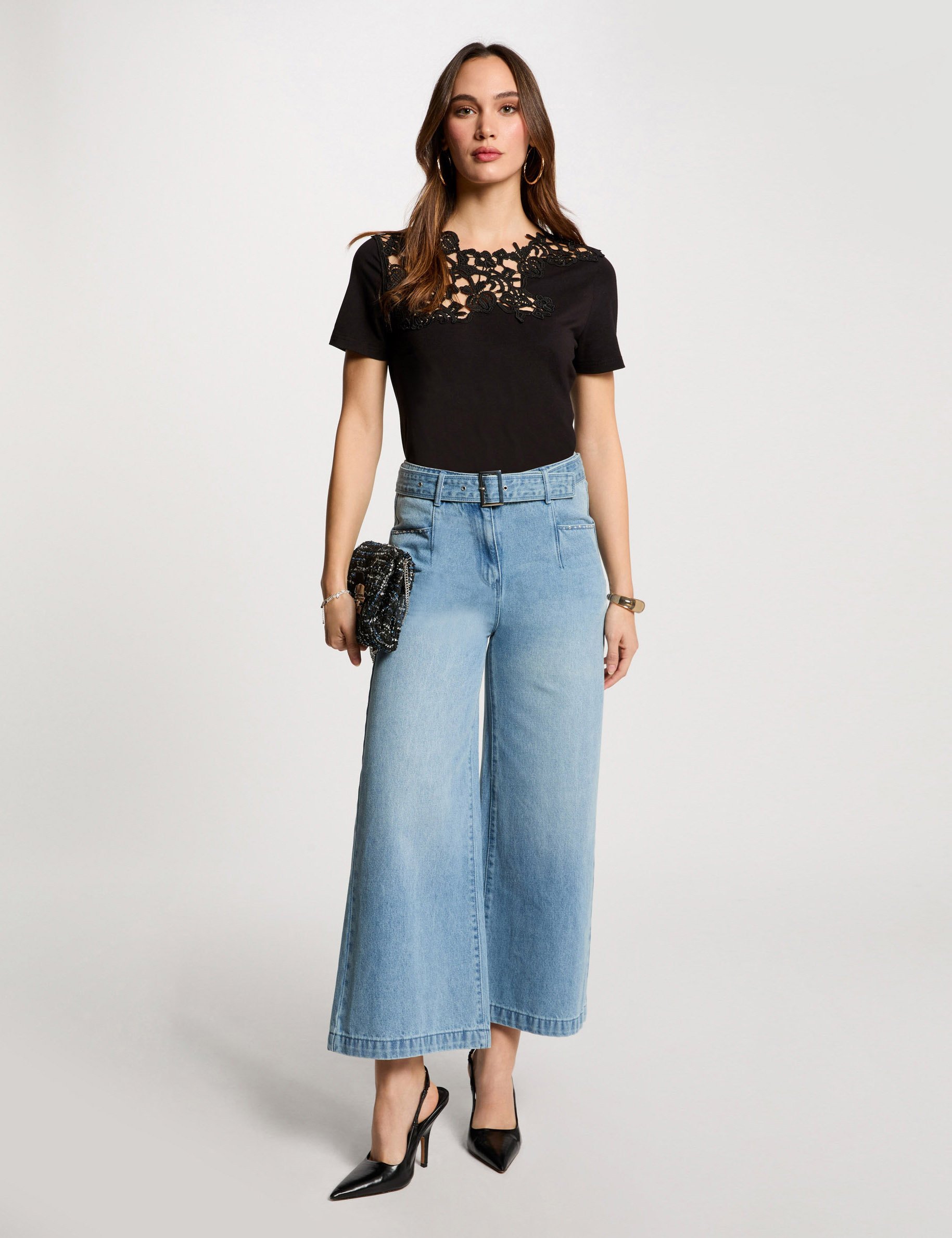 Belted cropped wide leg jeans bleach denim women