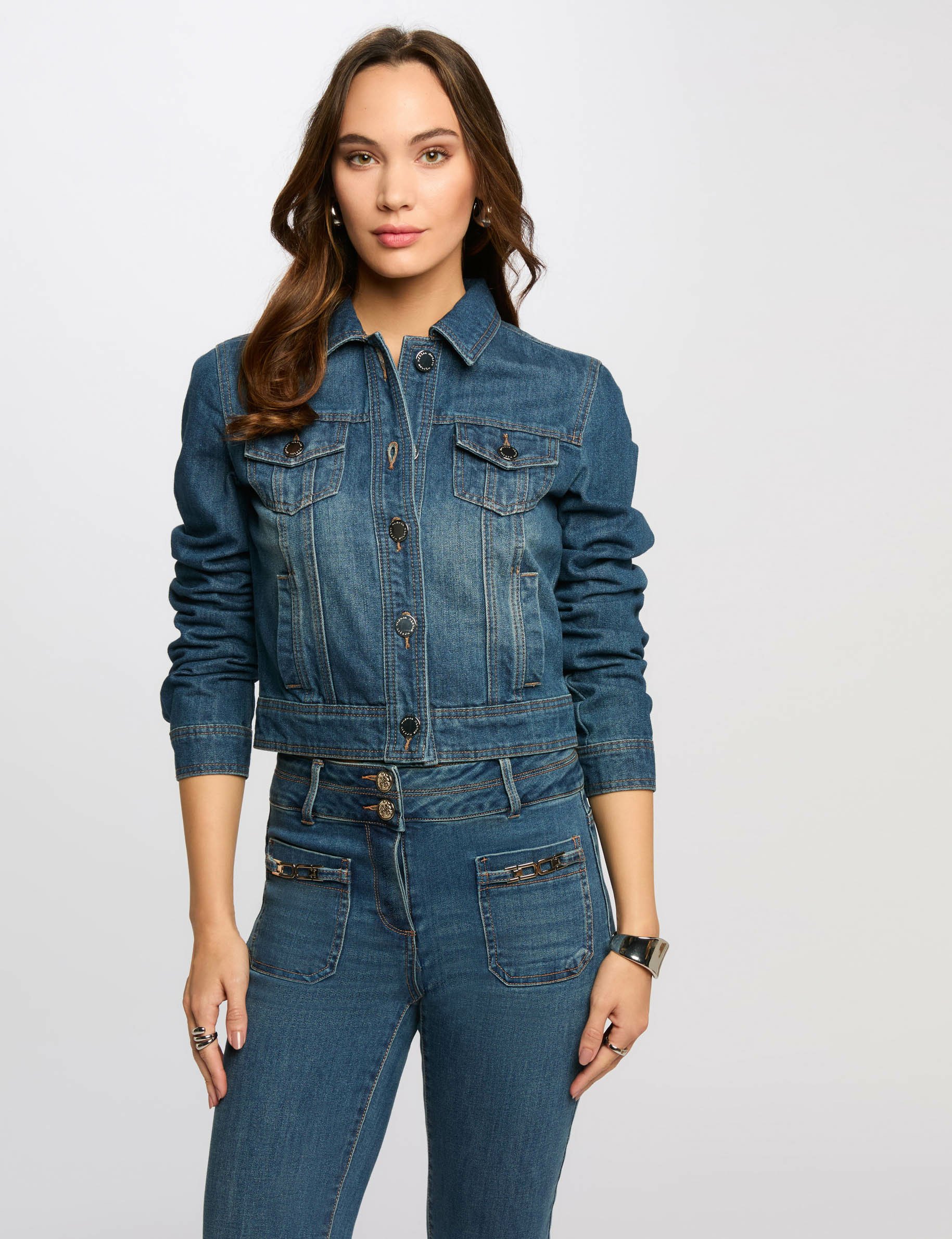 Short denim jacket stone wash denim women