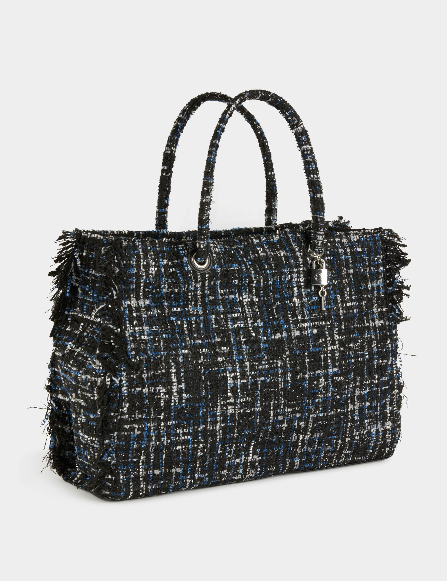 Sac cabas tweed à franges noir femme