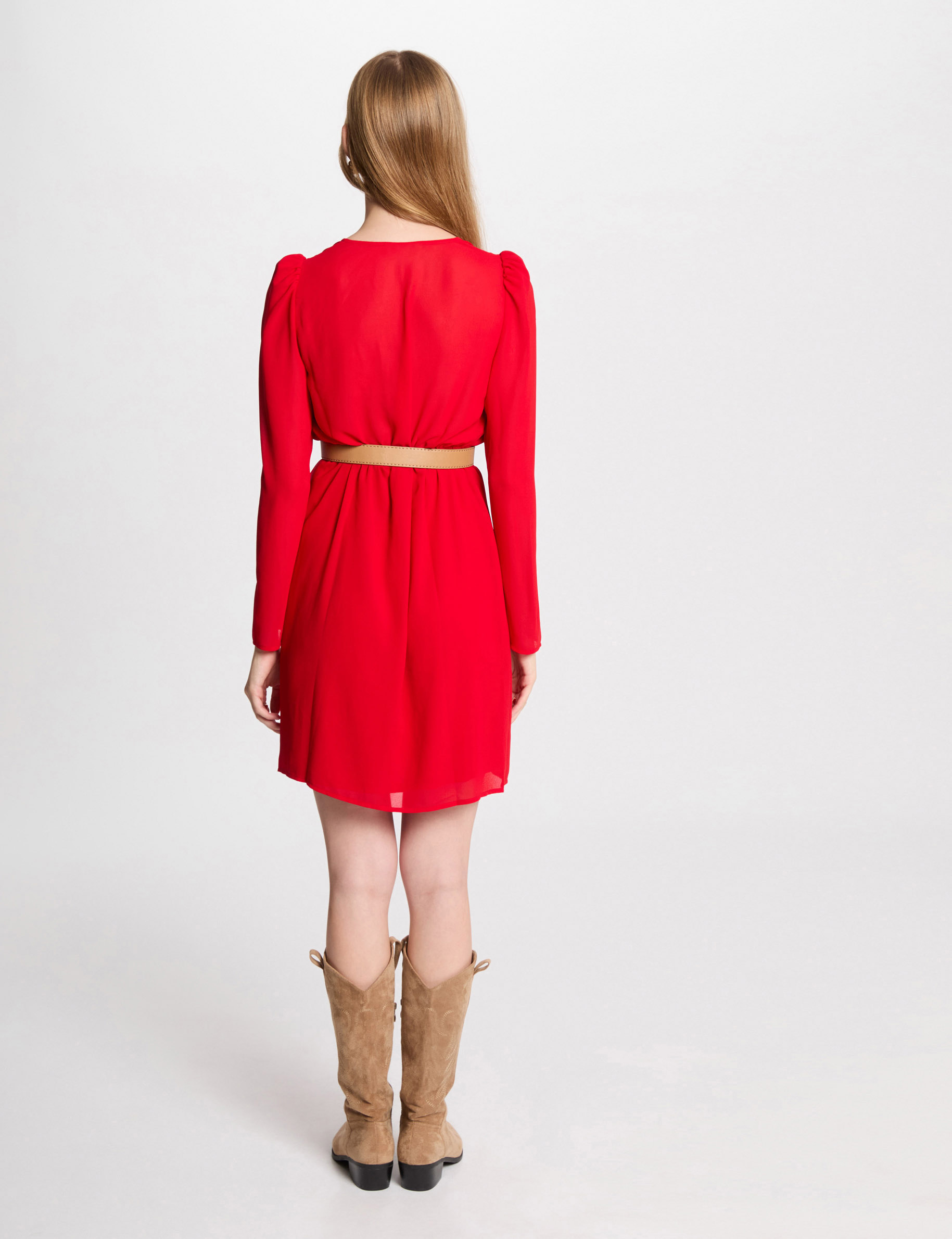 Waisted dress with ruffles red women