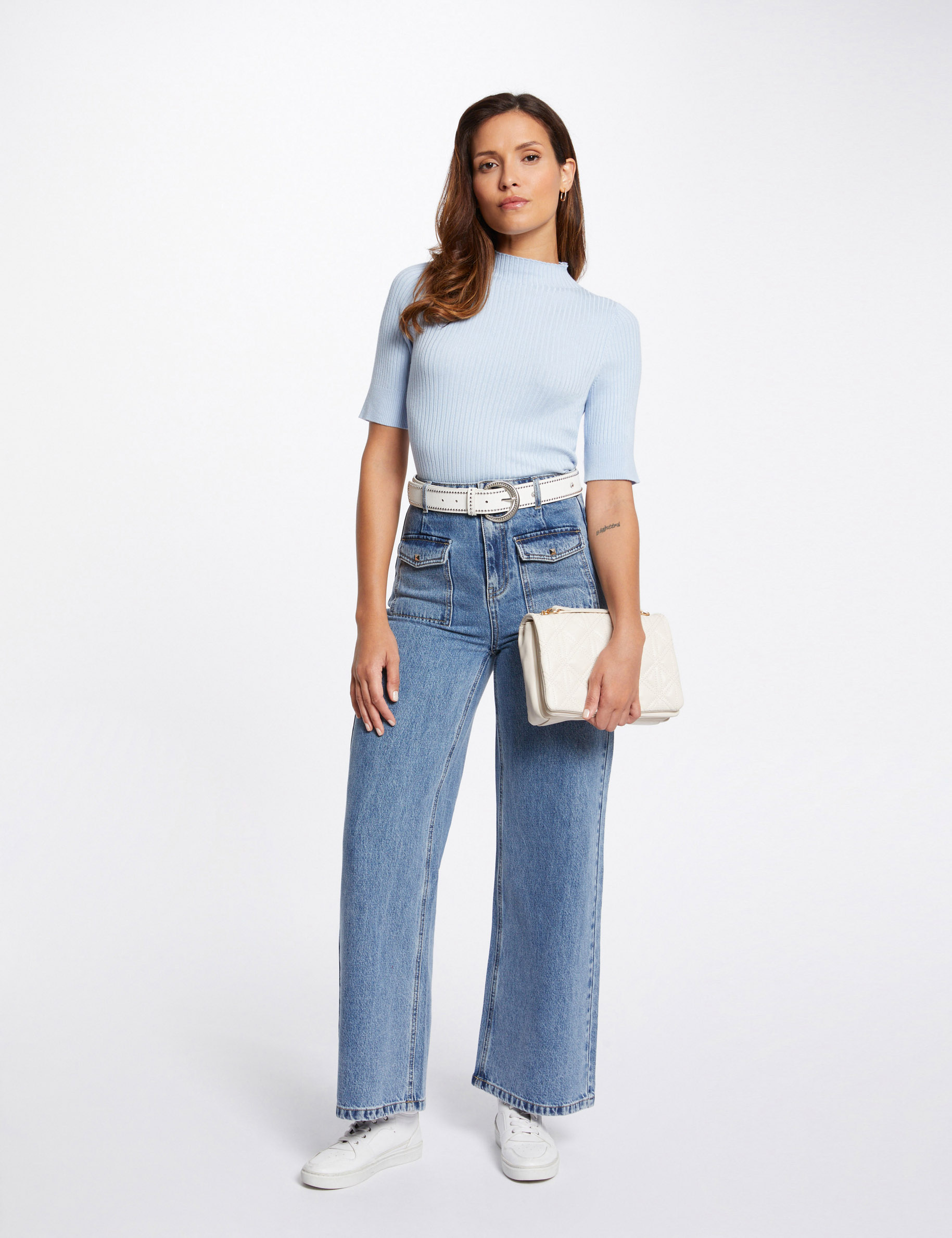 High-waisted wide leg jeans heavy stone wash denim women