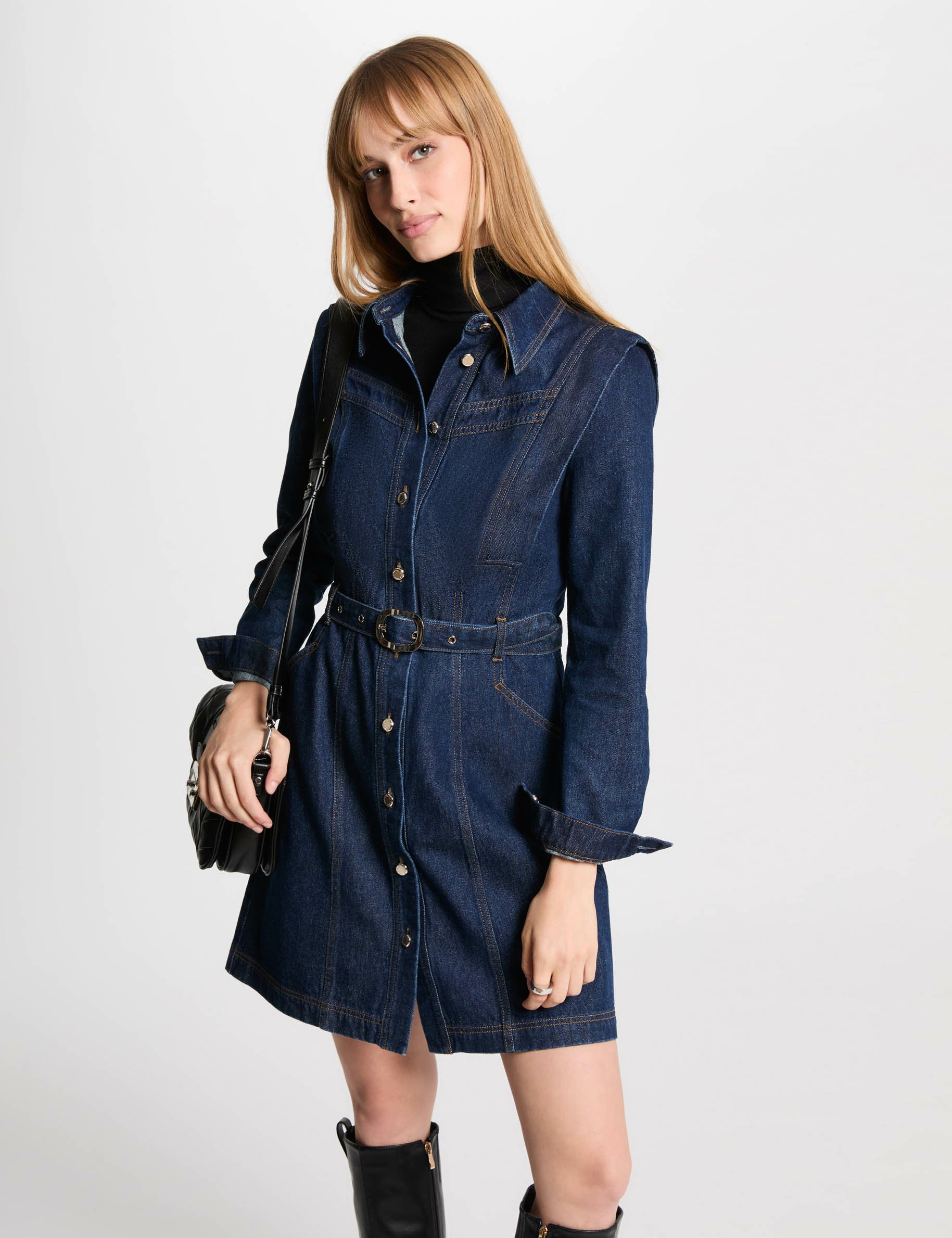 Fitted buttoned denim dress raw denim women