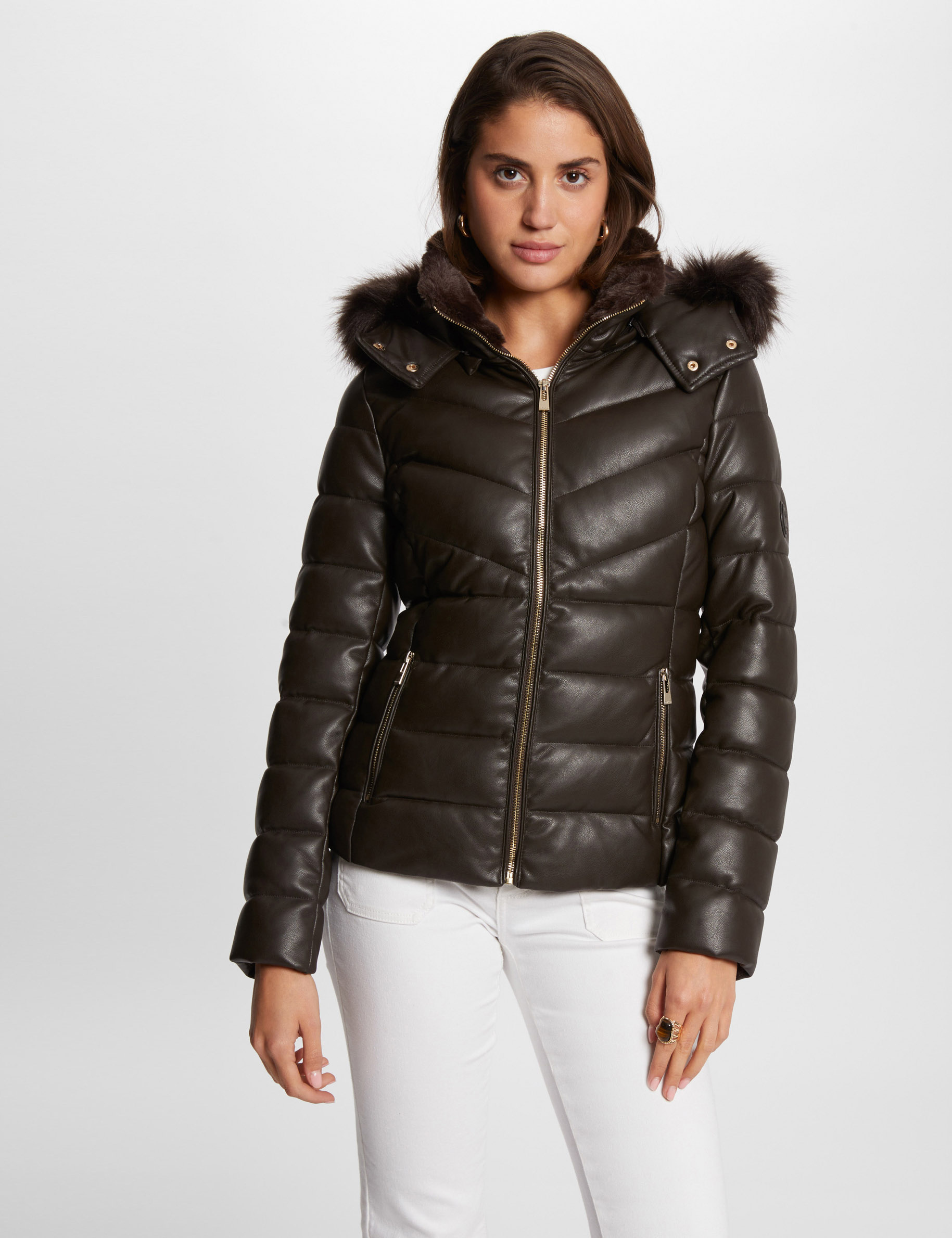 Faux leather padded jacket brown women