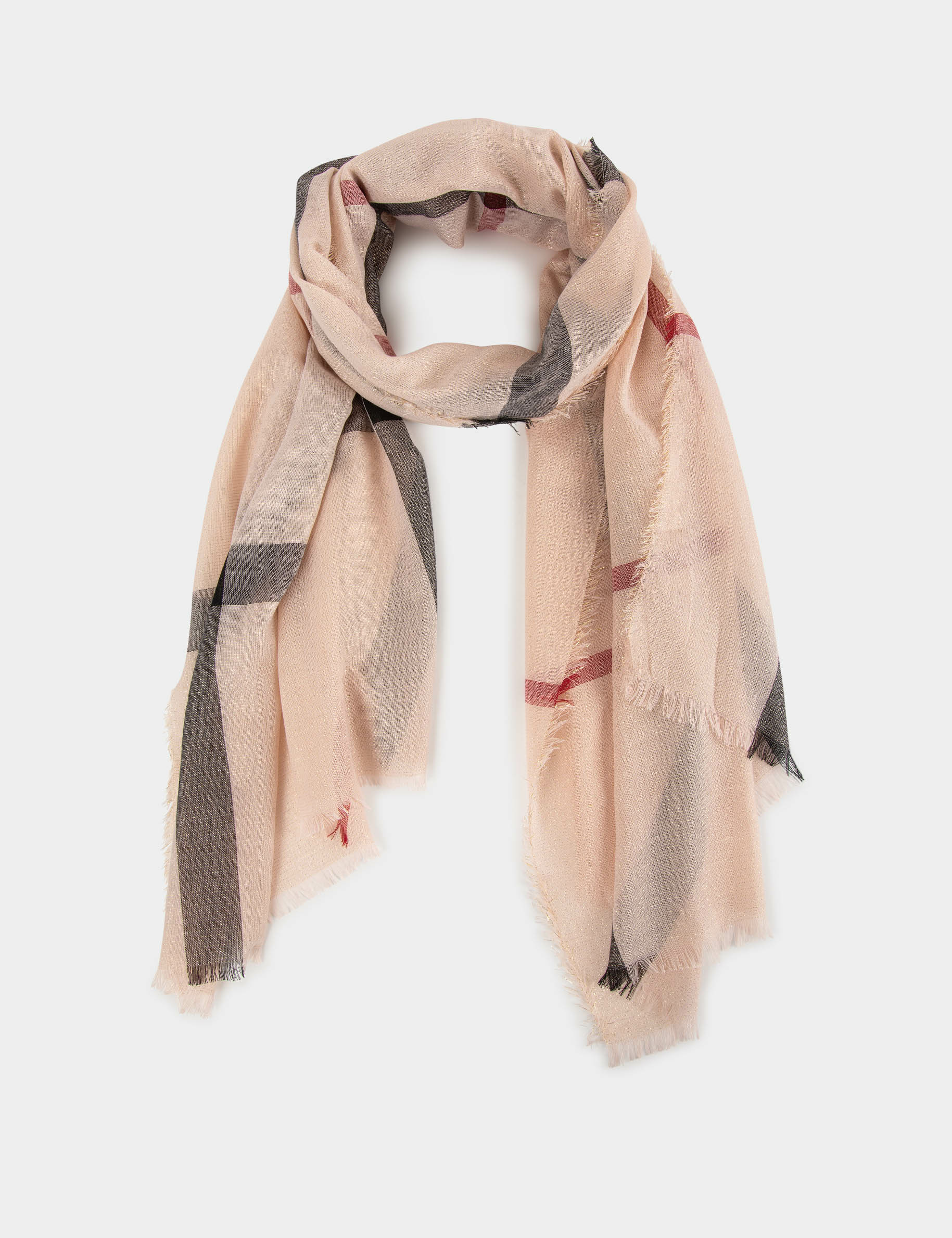 Scarf metallised threads and check print pale pink ladies'