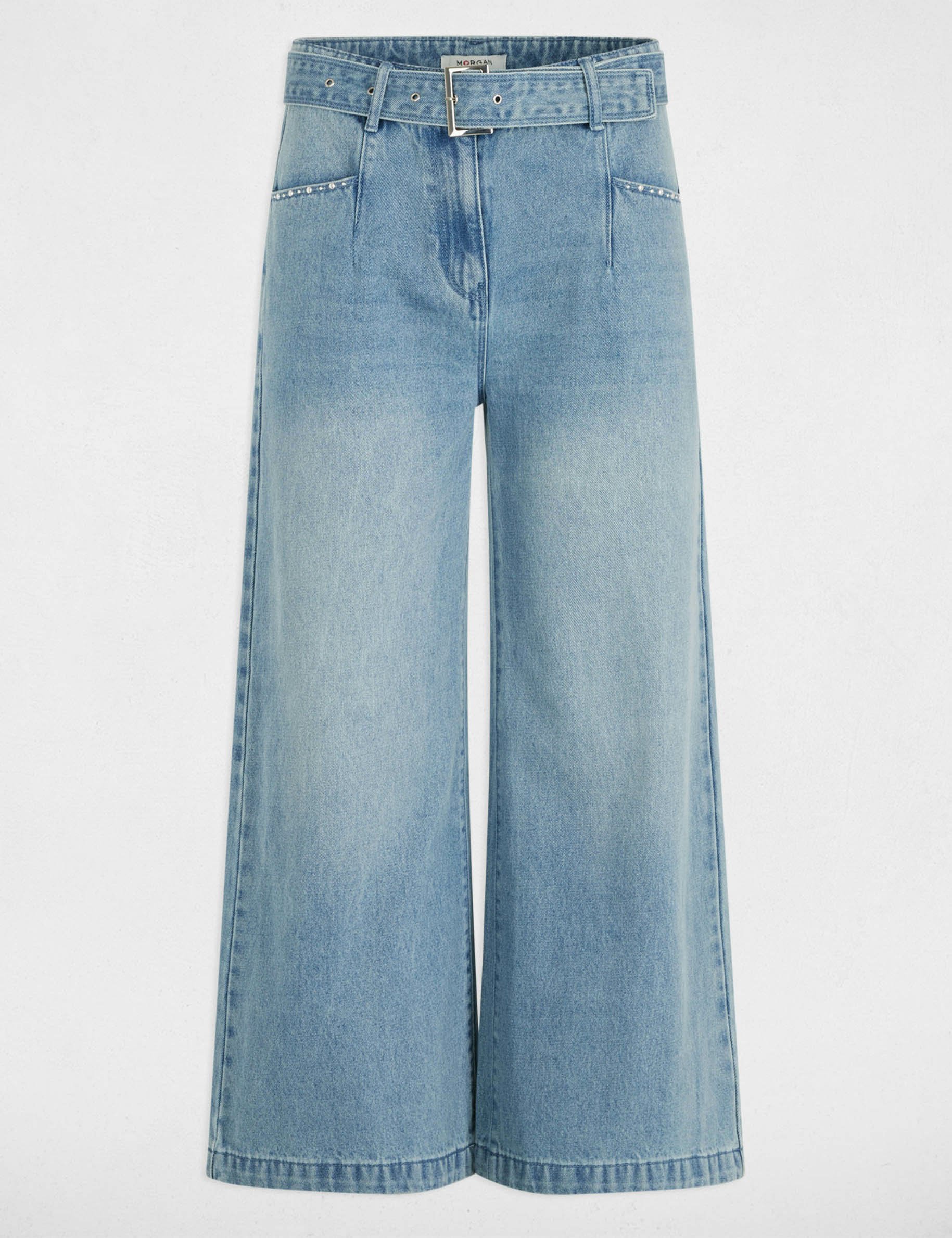 Belted cropped wide leg jeans bleach denim women