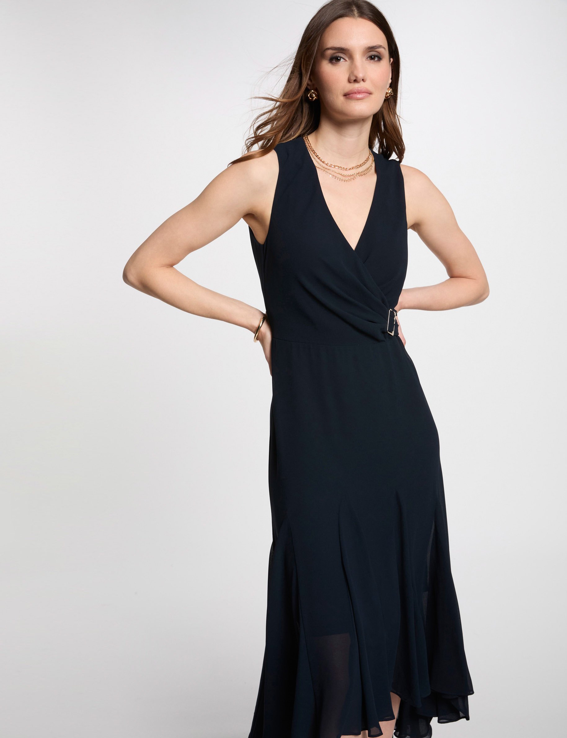 Loose straight midi dress navy blue women