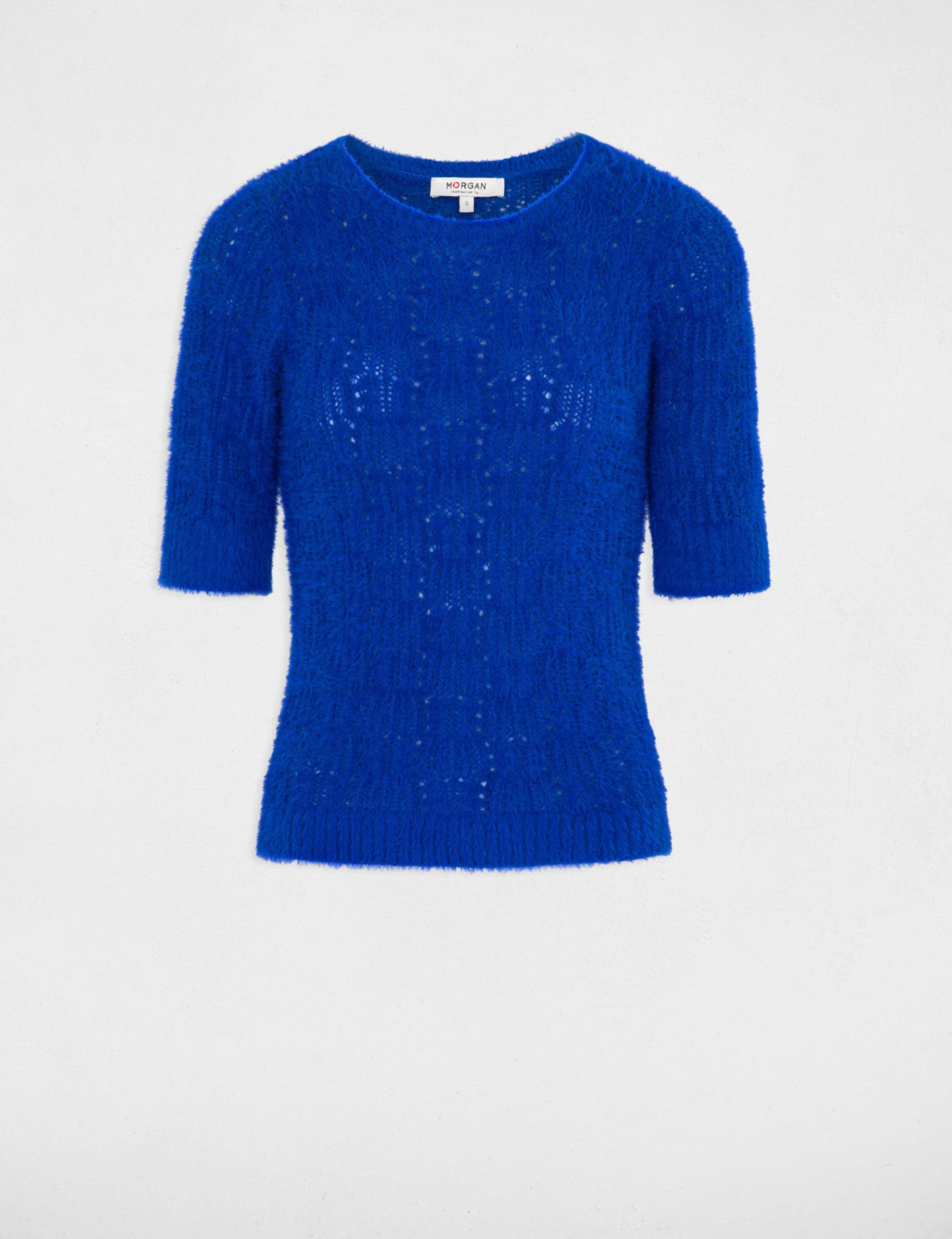 Pull manches courtes ajouré bleu electrique femme