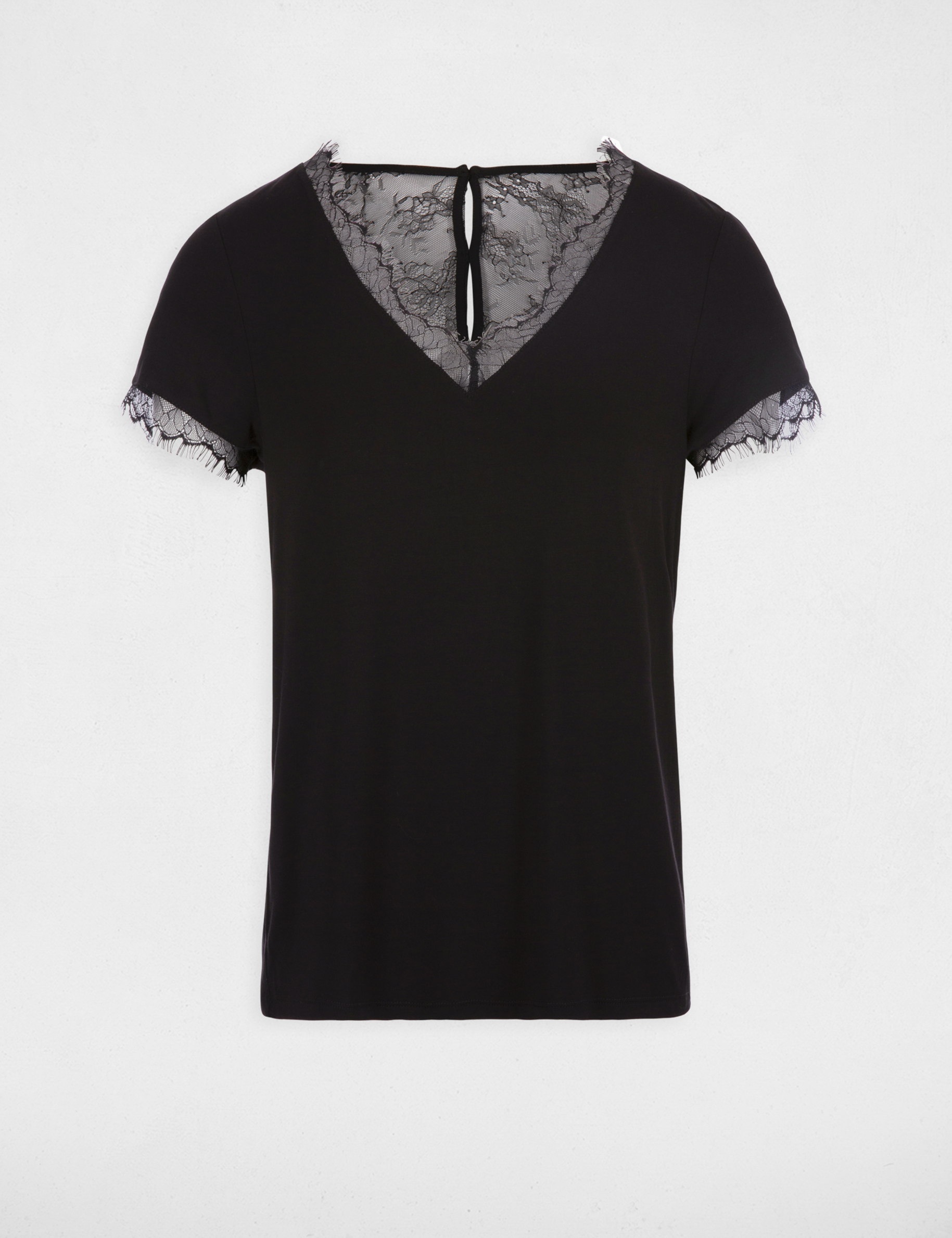 V-neck buttoned lace t-shirt black women