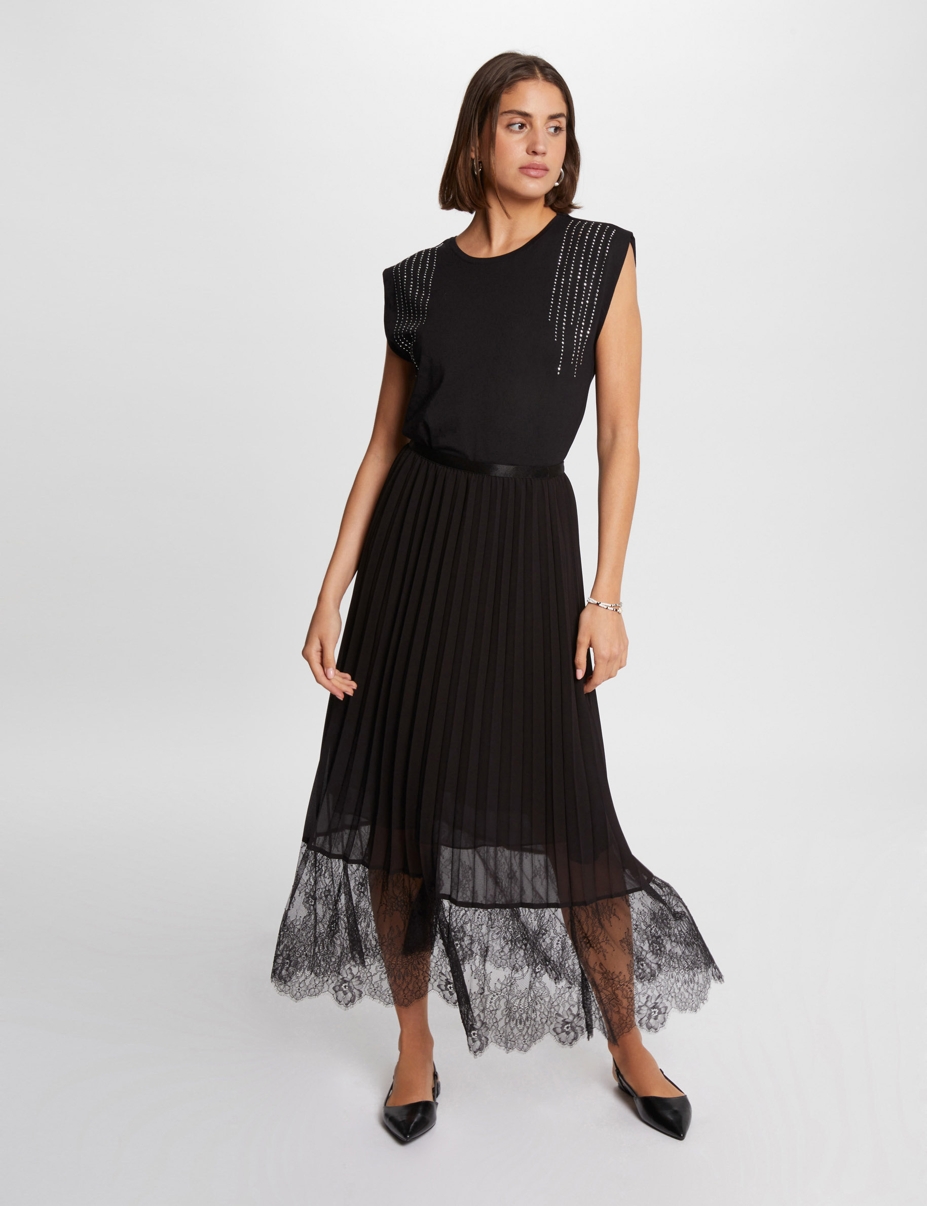 Maxi pleated A-line skirt black women