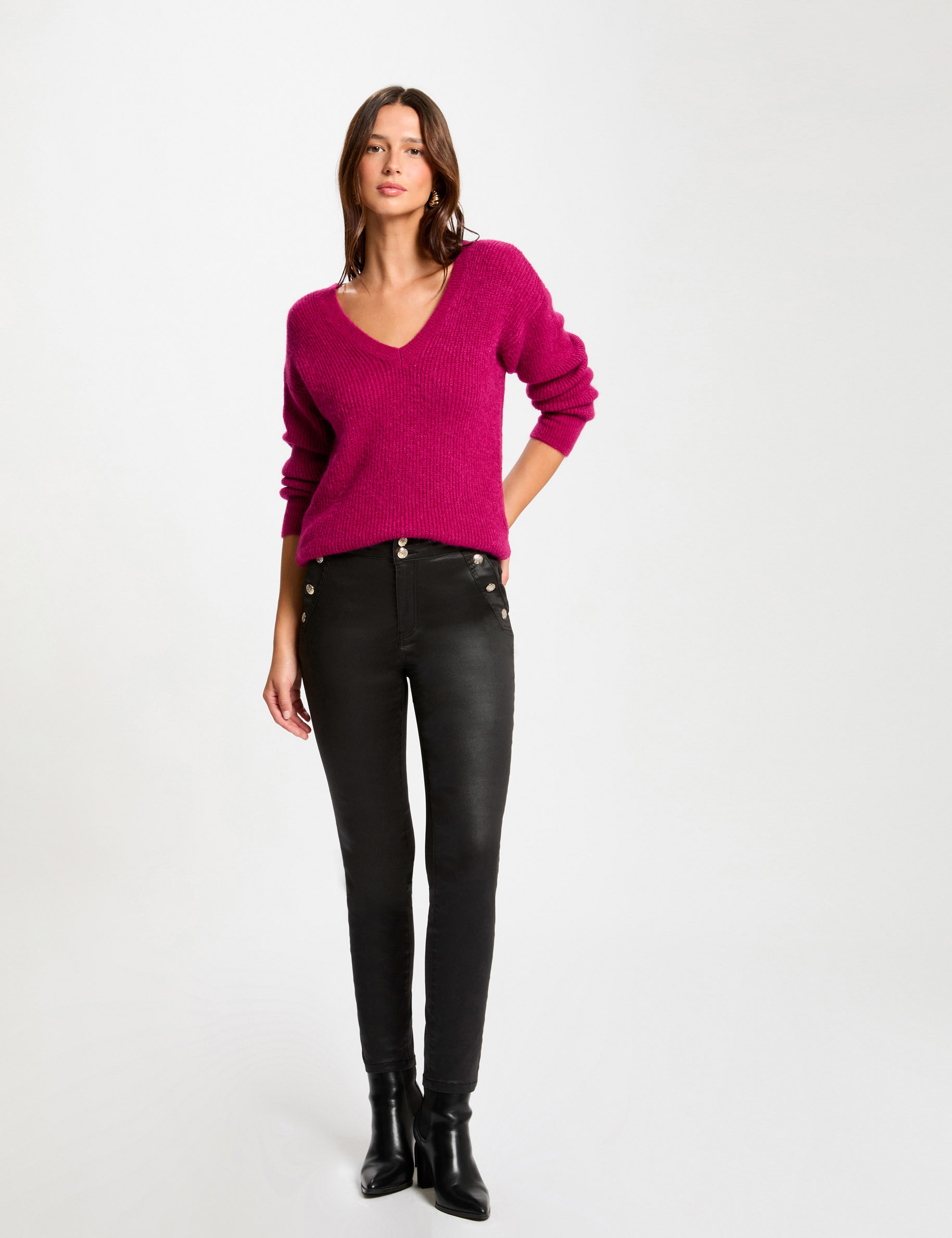 Fitted trousers wet effect black women