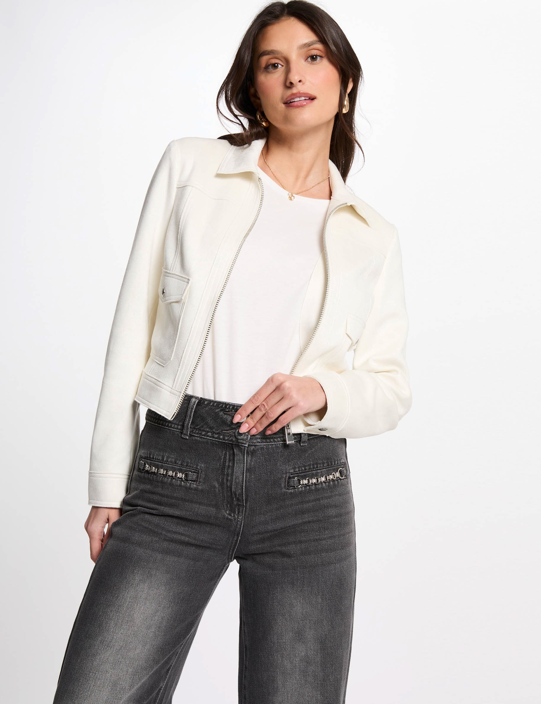 Short suede jacket ecru women