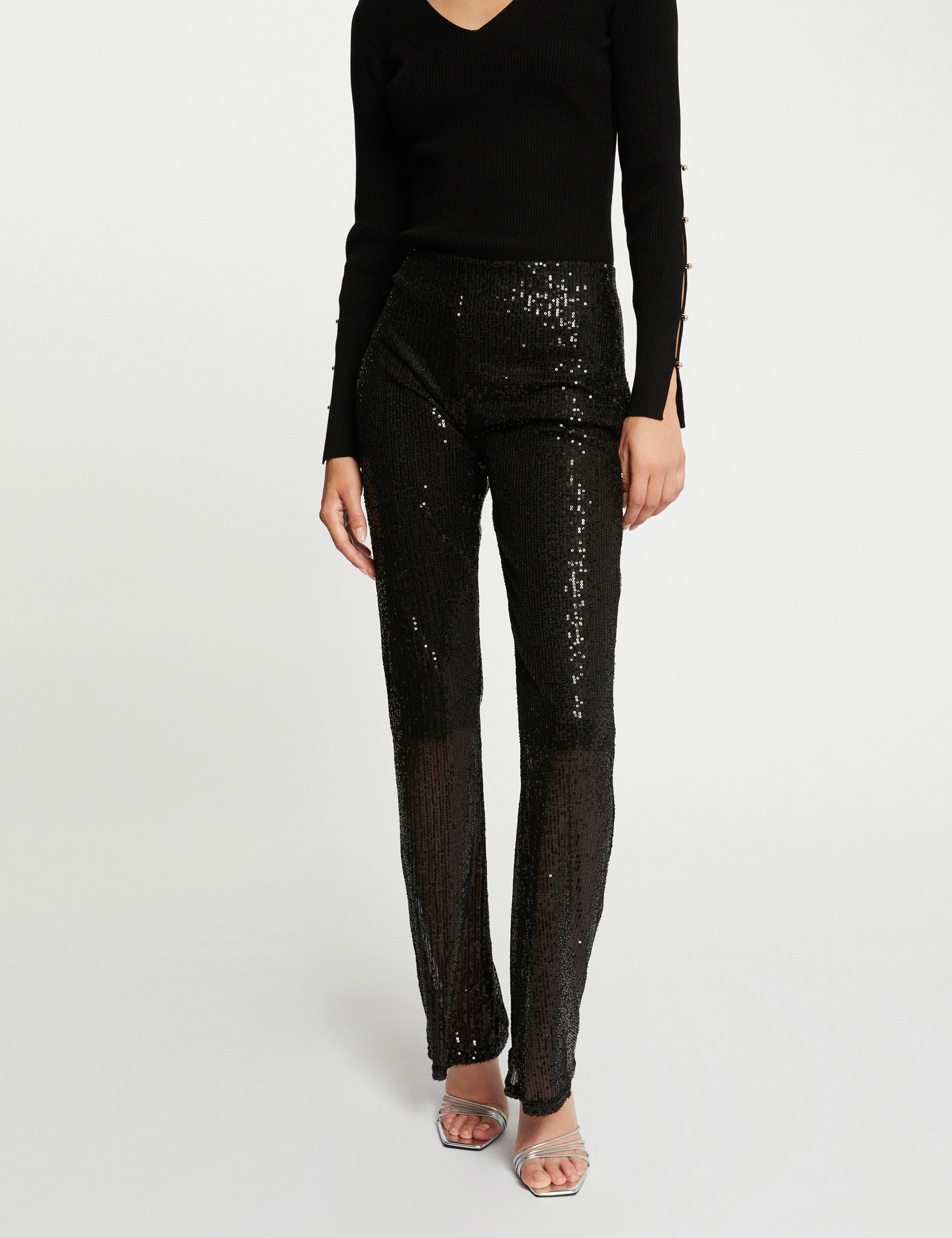 Wide leg trousers with sequins black ladies' | Morgan