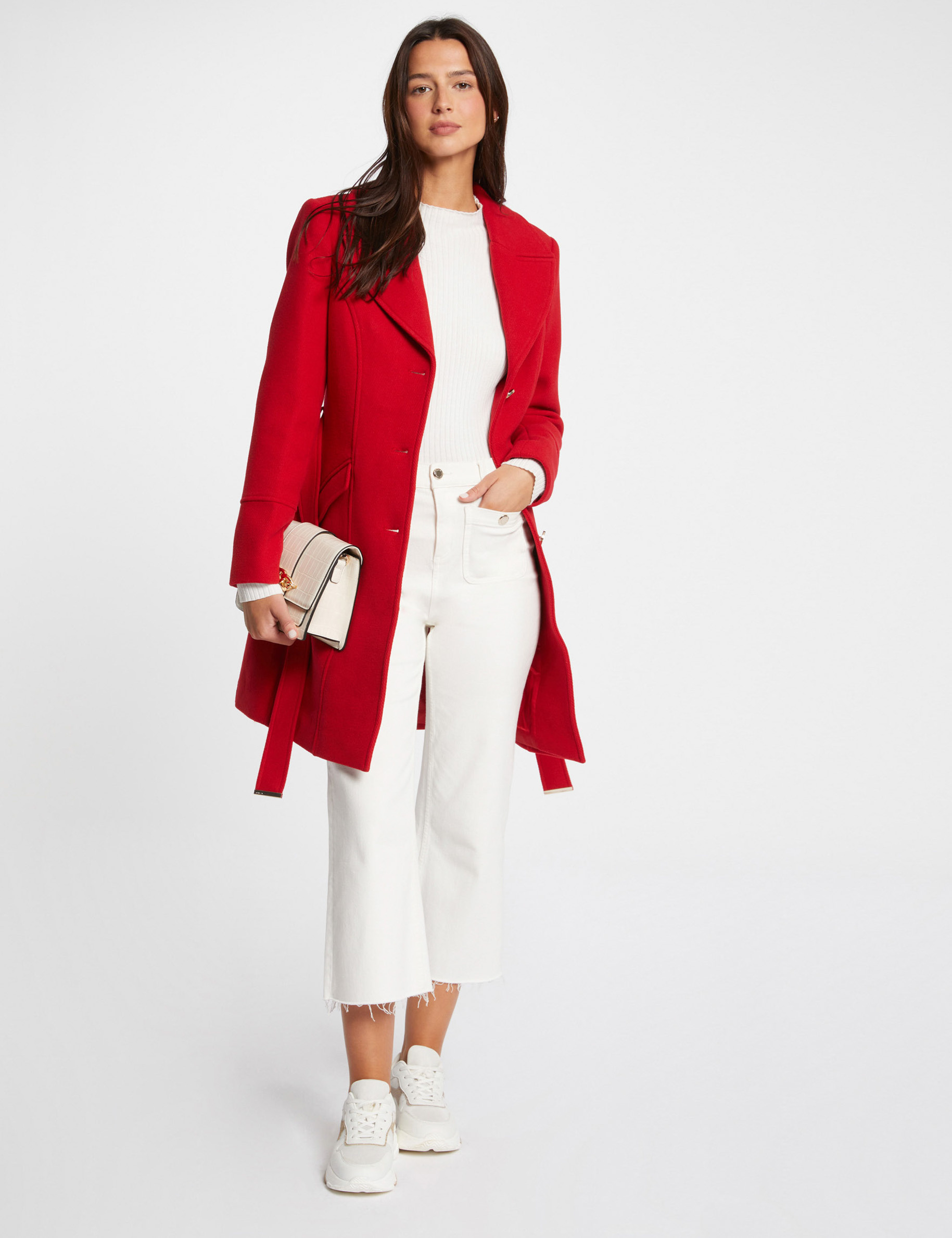 Belted long coat red women