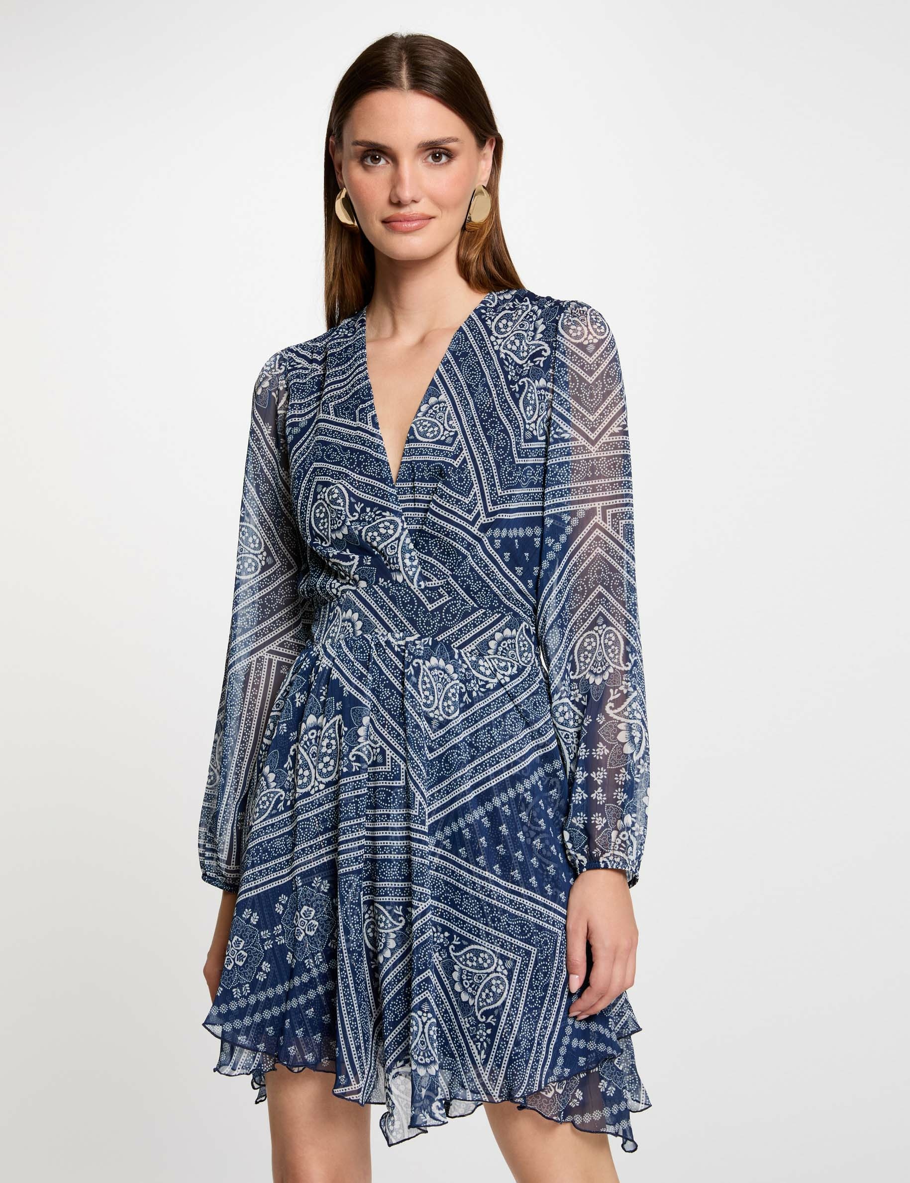 Robe courte évasée imprimée bleu marine femme