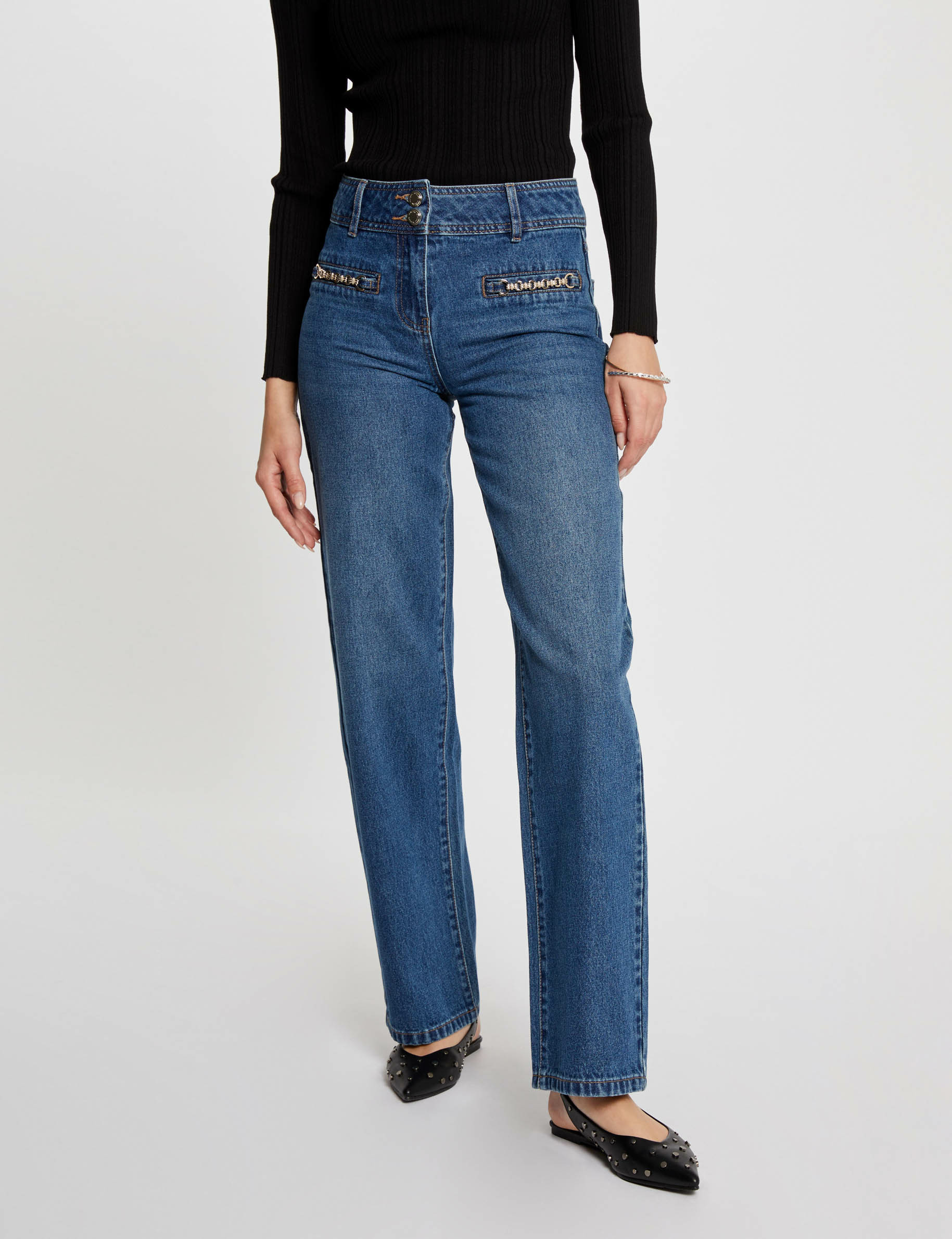 Wide leg jeans chain details stone denim women