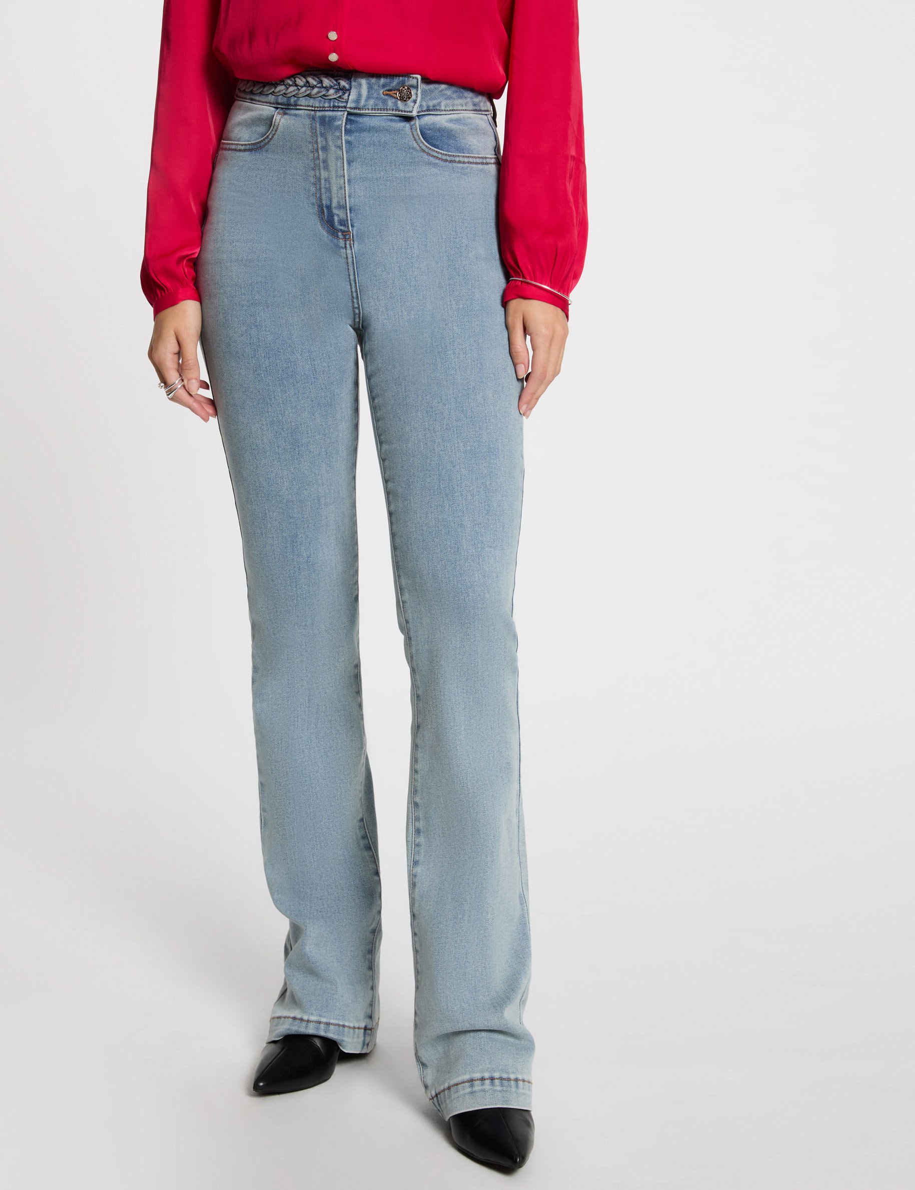 Straight jeans with braided details bleach denim women