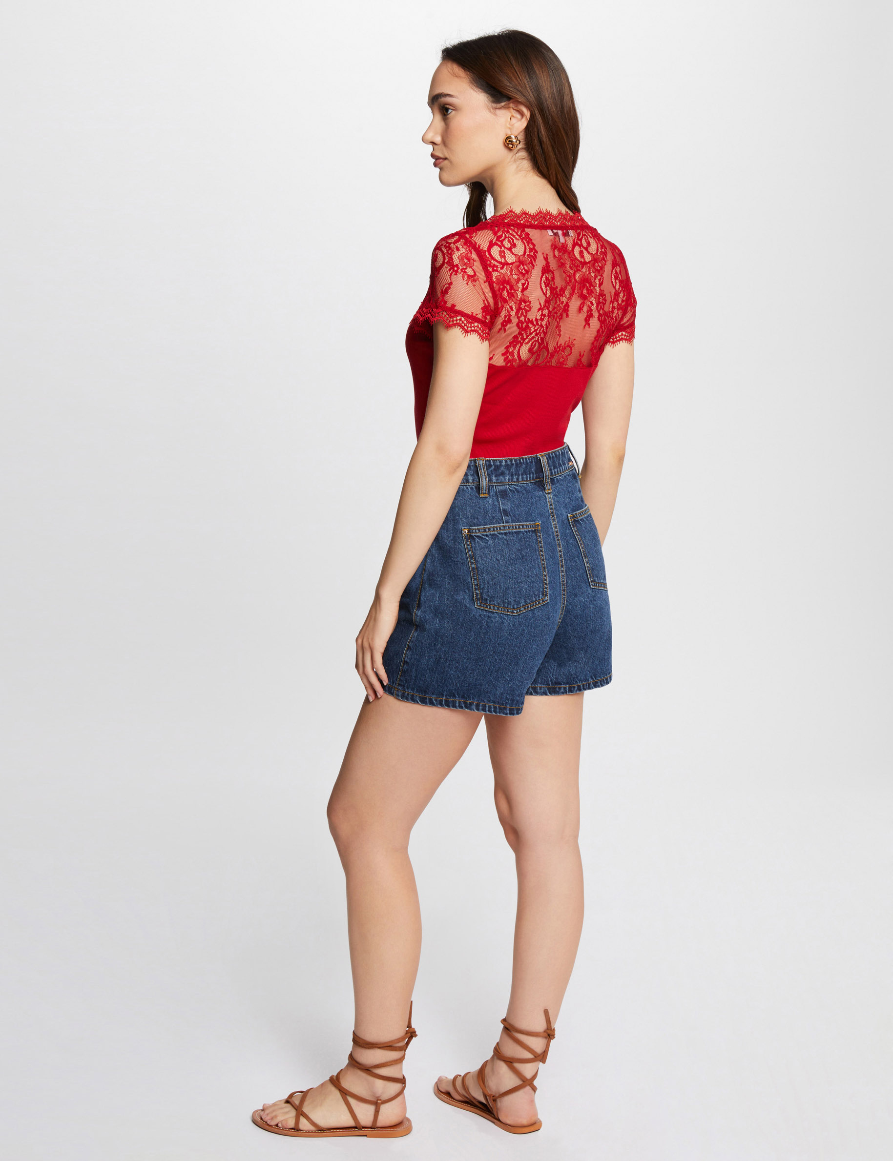 Short-sleeved t-shirt with lace medium red women