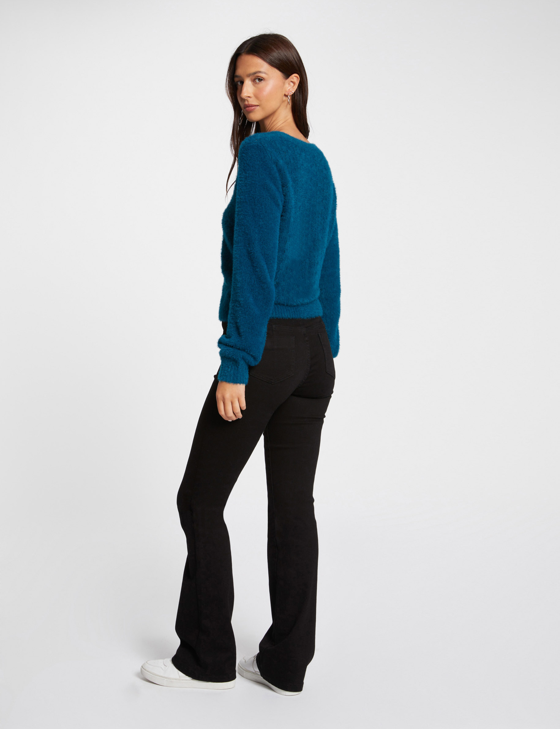 Long-sleeved cardigan openwork details teal women