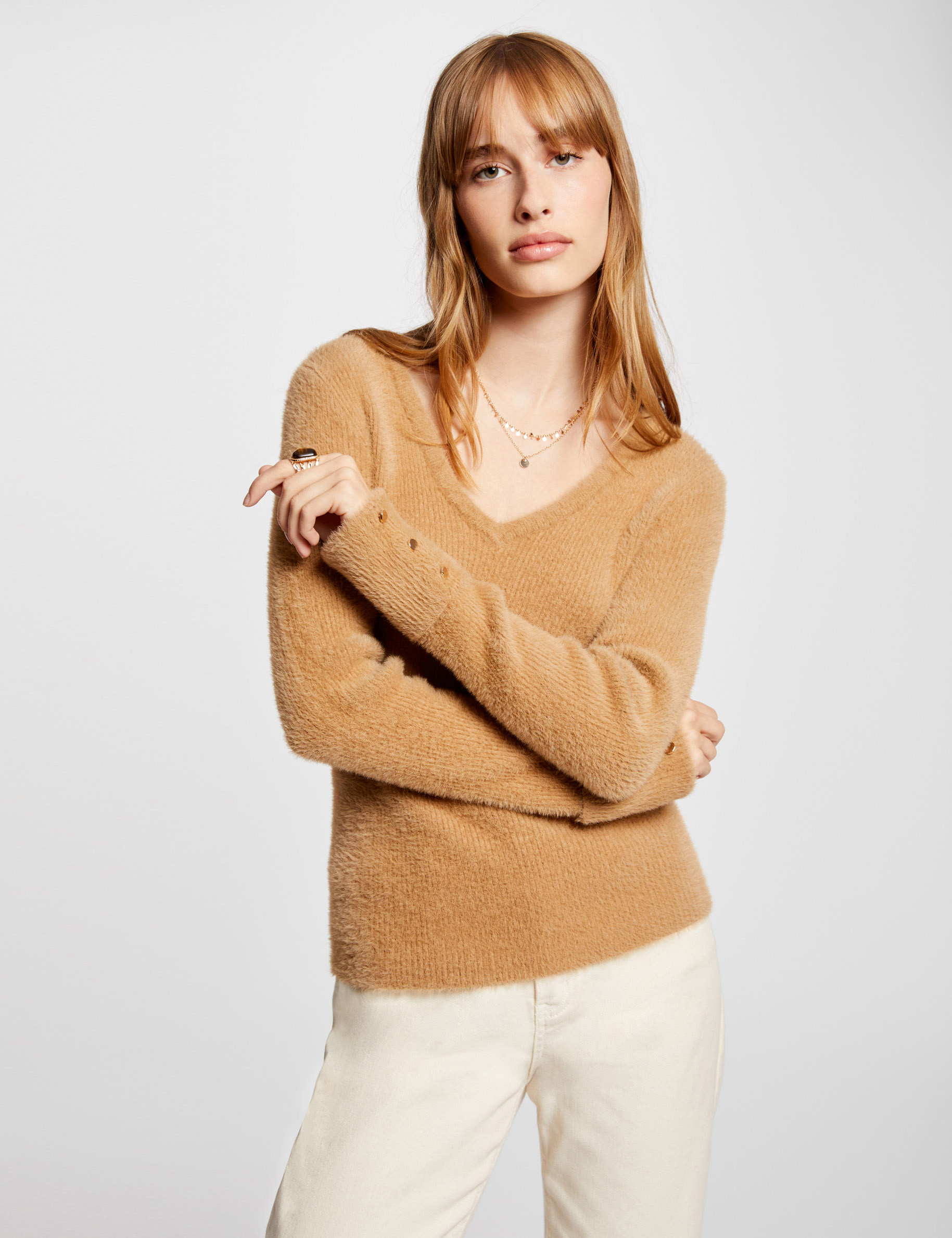 Long-sleeved jumper with fluffy knit camel women