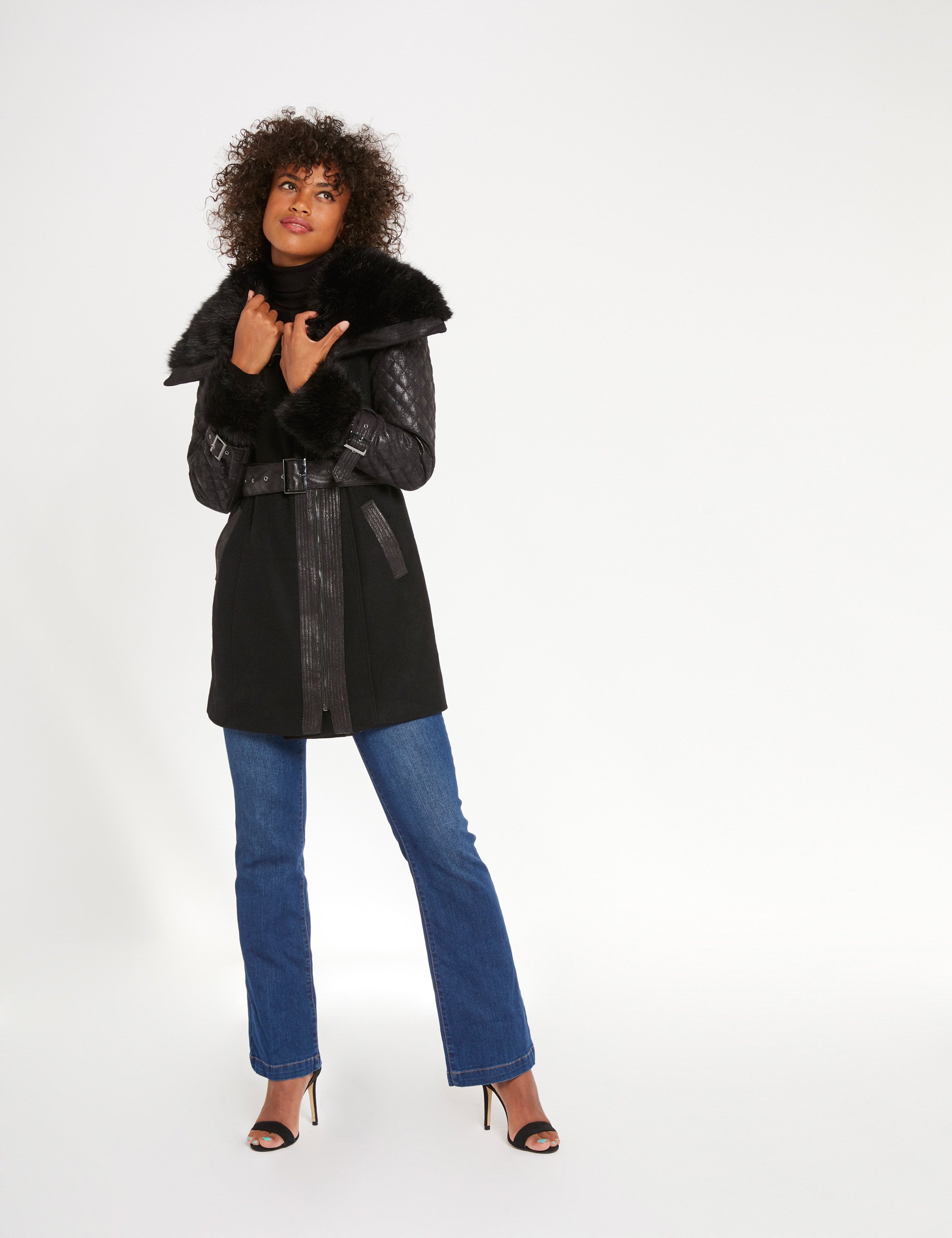 Straight coat with belt faux fur detail black women