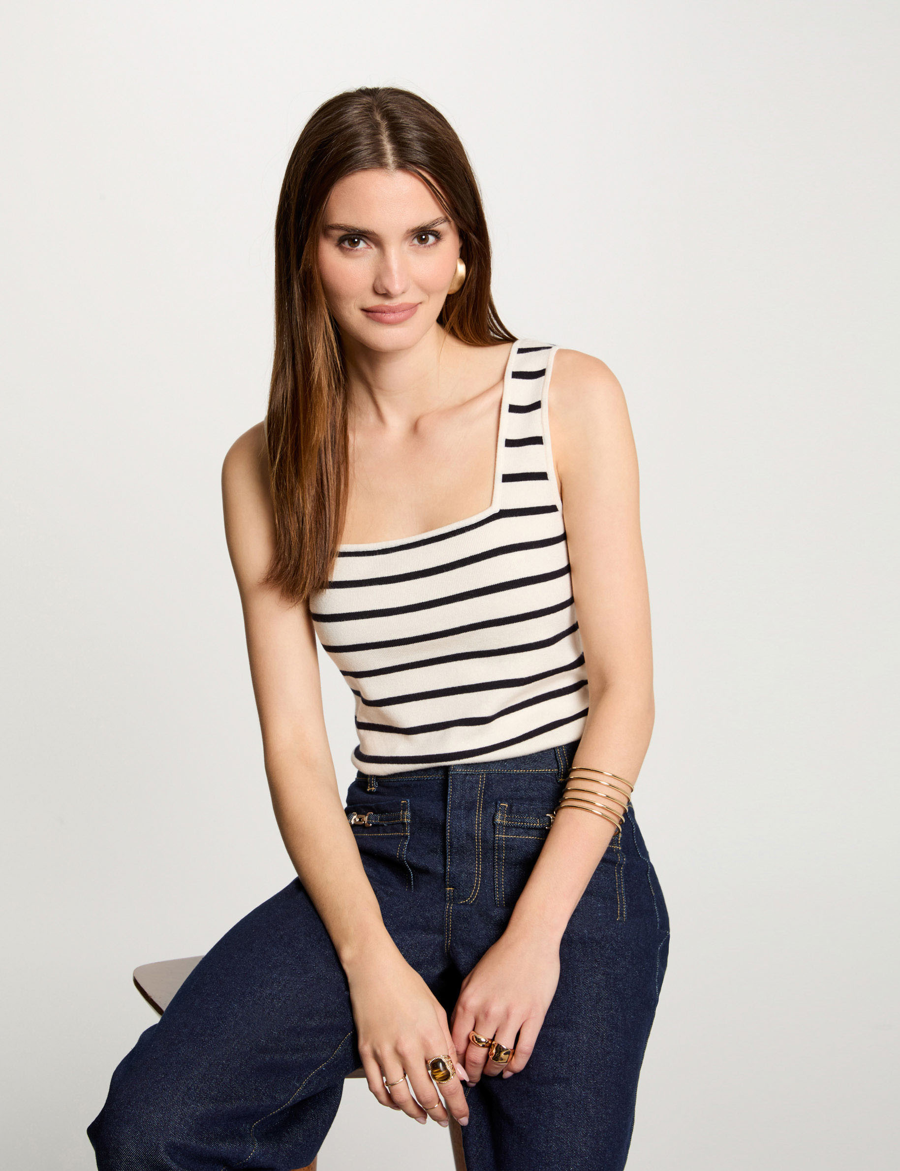 Striped jumper square neck ecru women