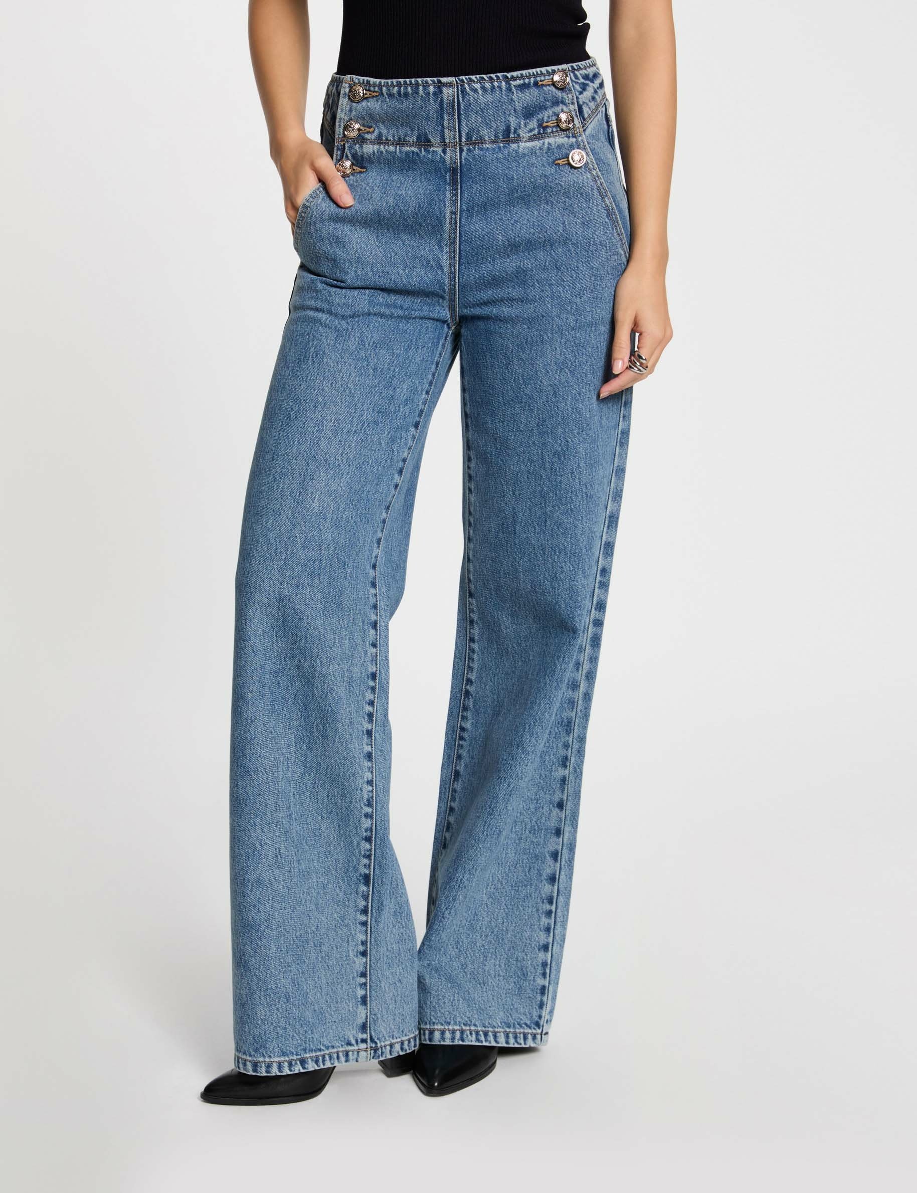 High-waisted bootcut jeans heavy stone wash denim women