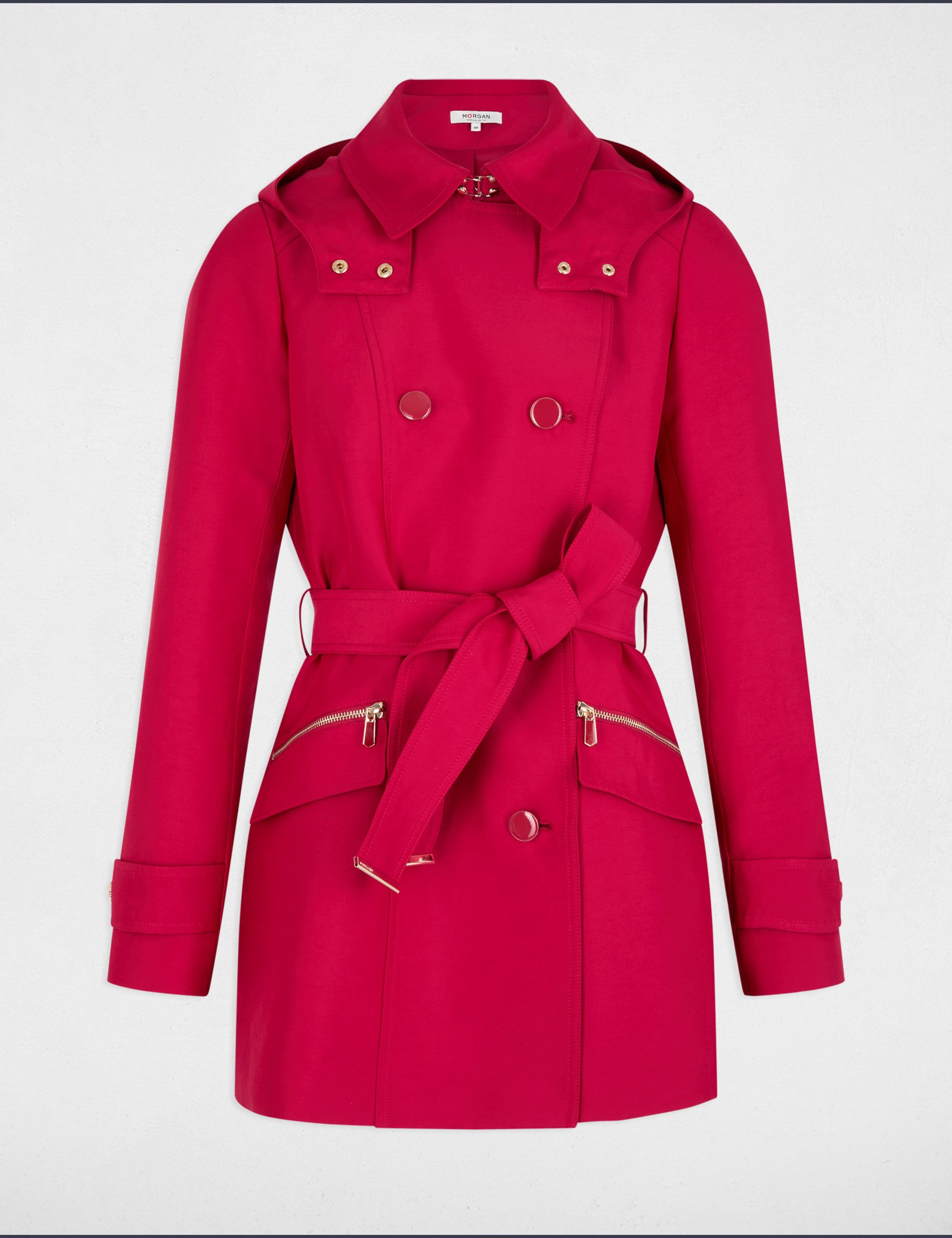 Waisted belted trenchcoat with hood red women