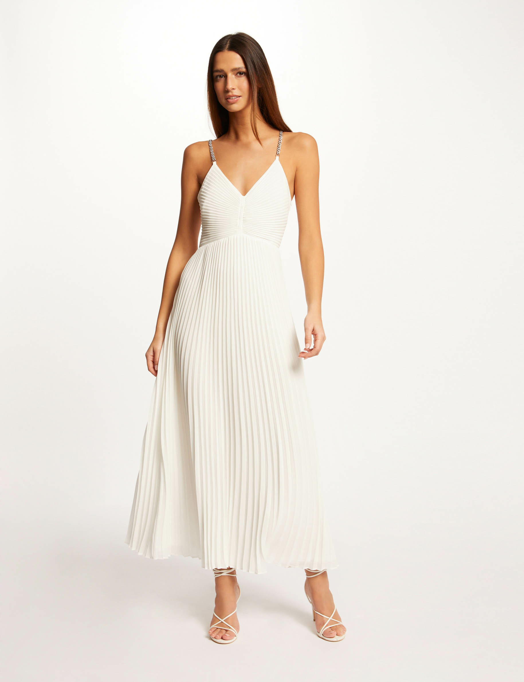 Maxi A line pleated dress with open back ecru ladies