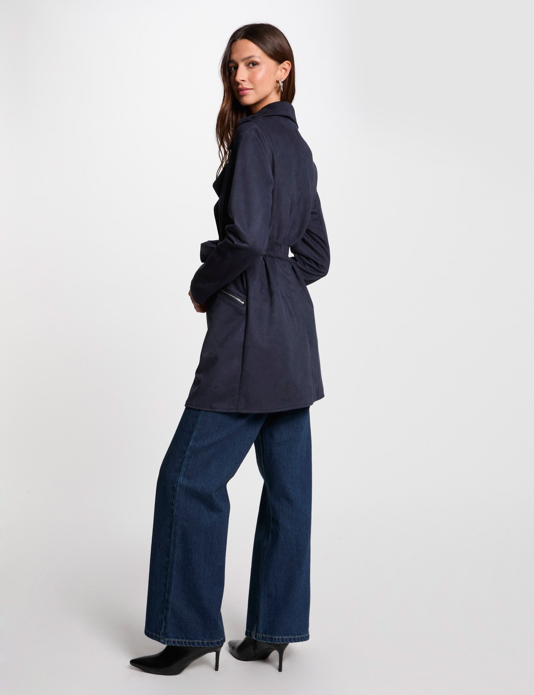 Belted long suede coat navy blue women