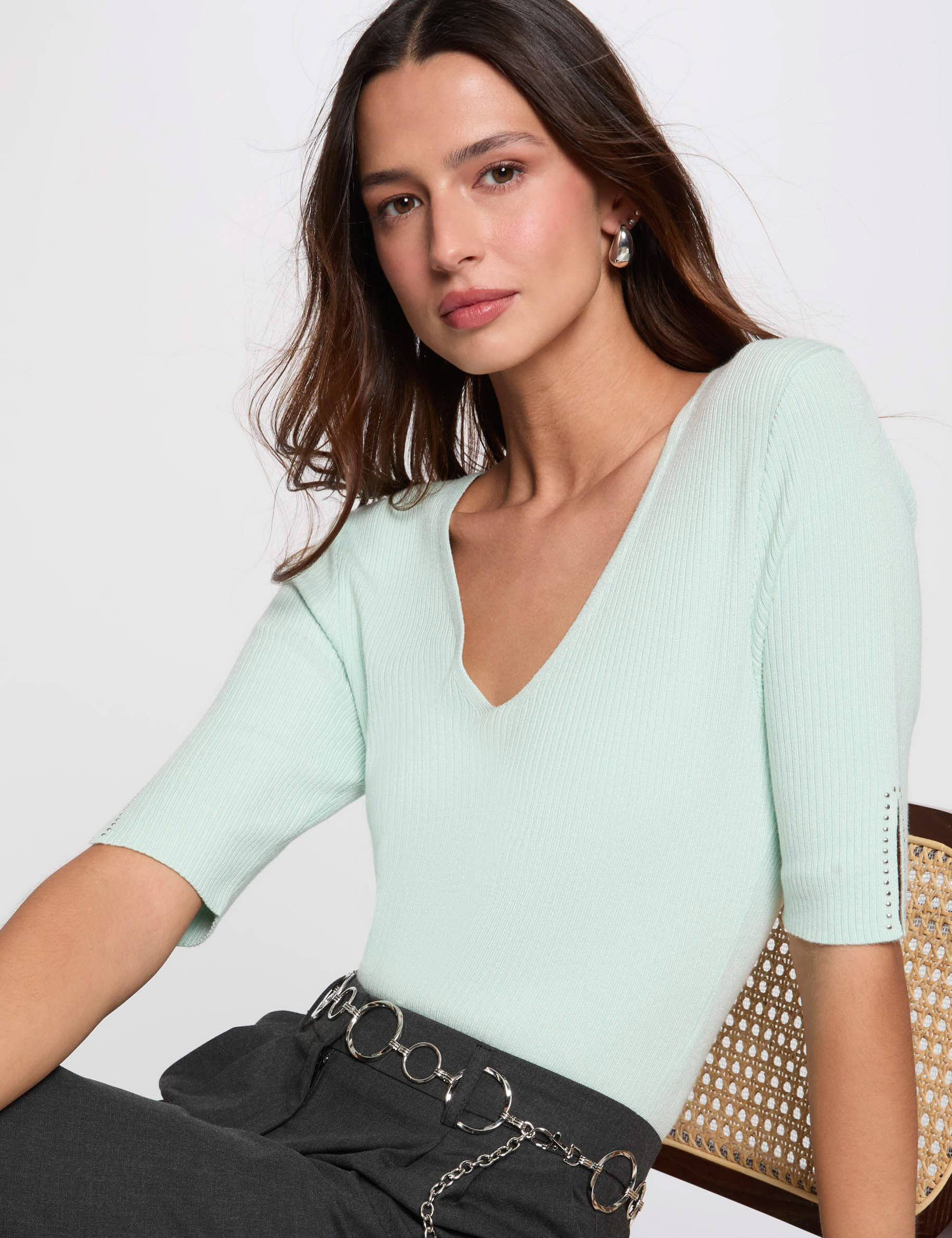 Jumper with V-neck light green women