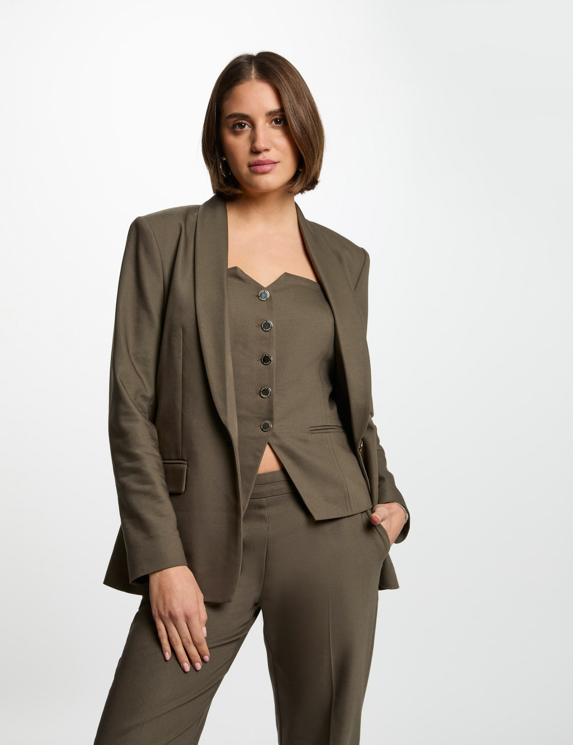 Short jacket shawl collar khaki green women