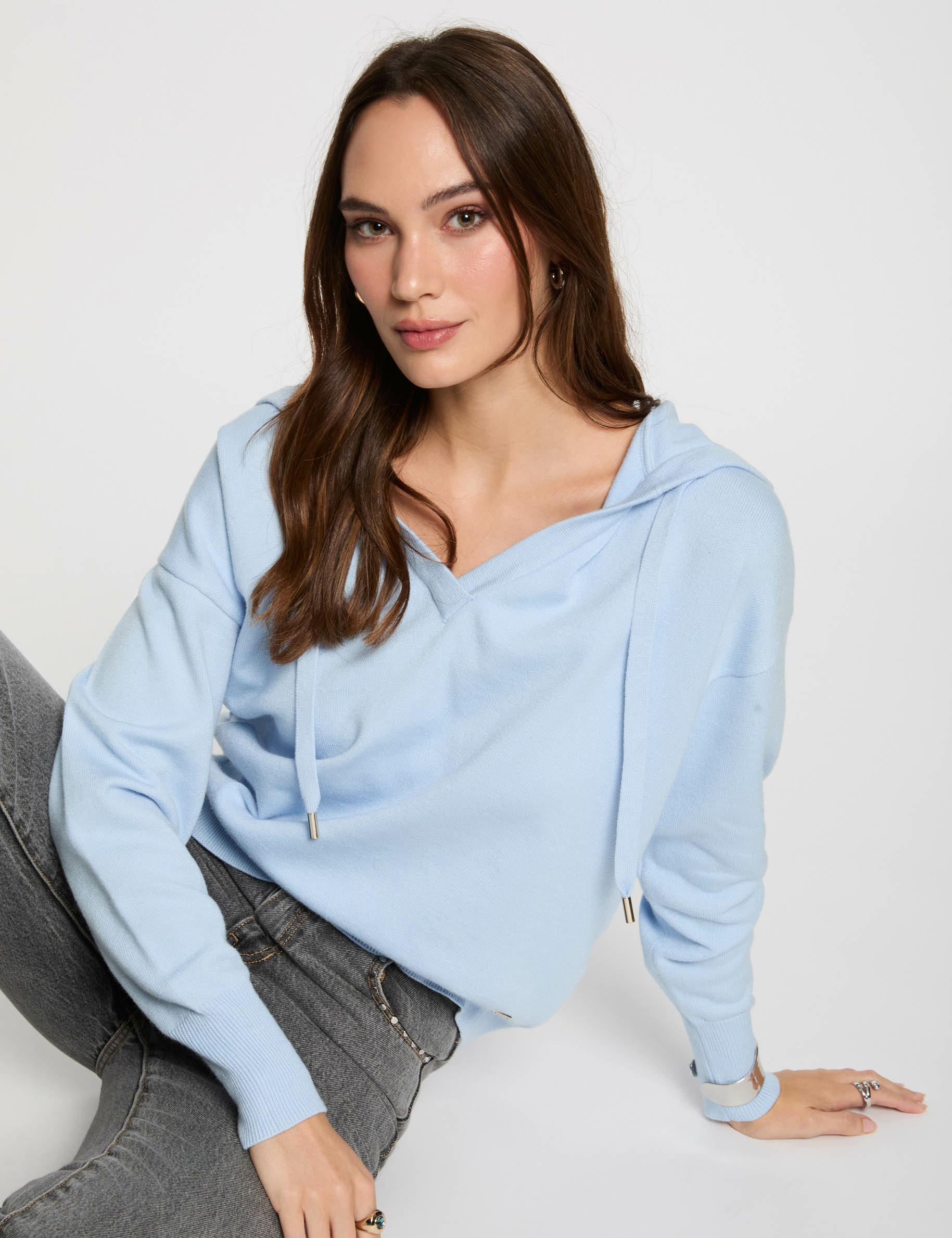 Jumper V-neck and hood sky blue women