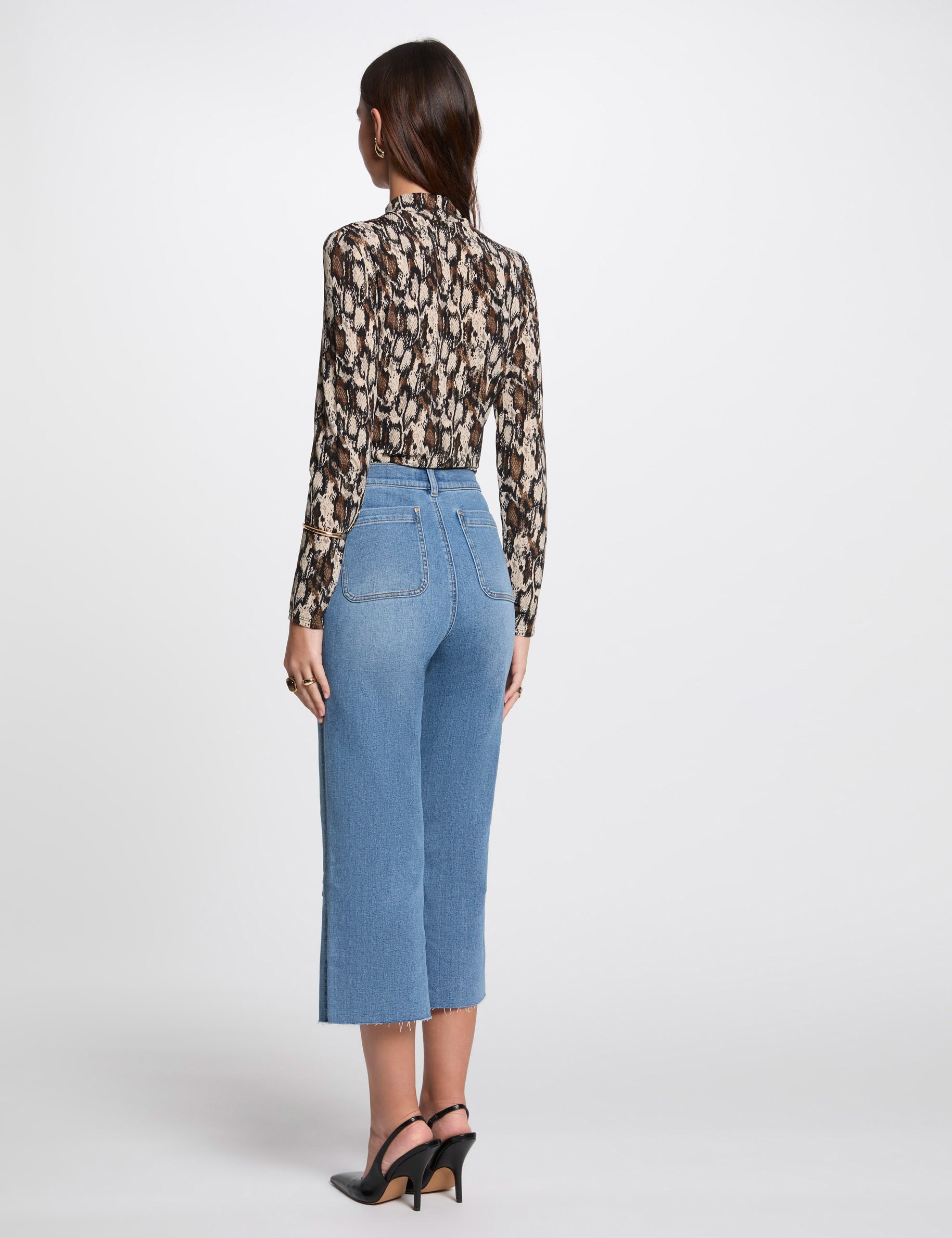 Cropped wide leg trousers stone wash denim women