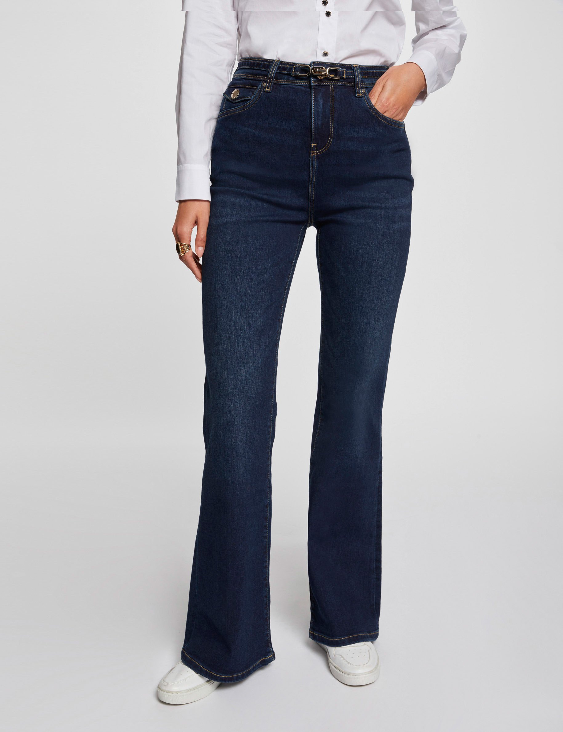 High-waisted flare jeans raw denim women