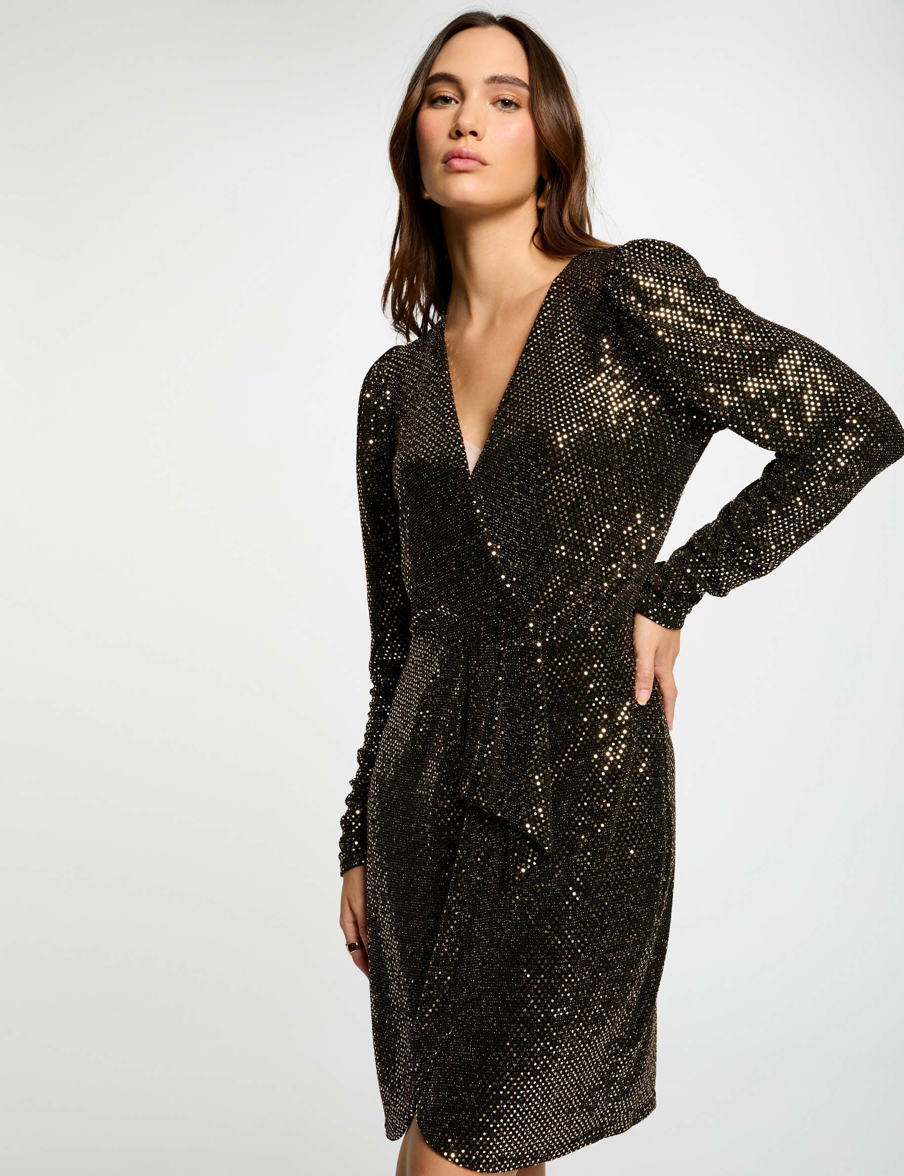 Wrap dress with sequins gold women