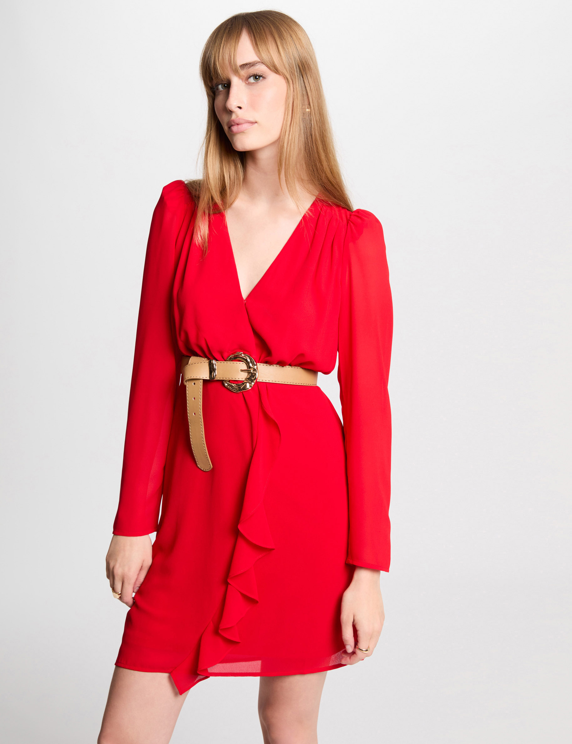 Waisted dress with ruffles red women