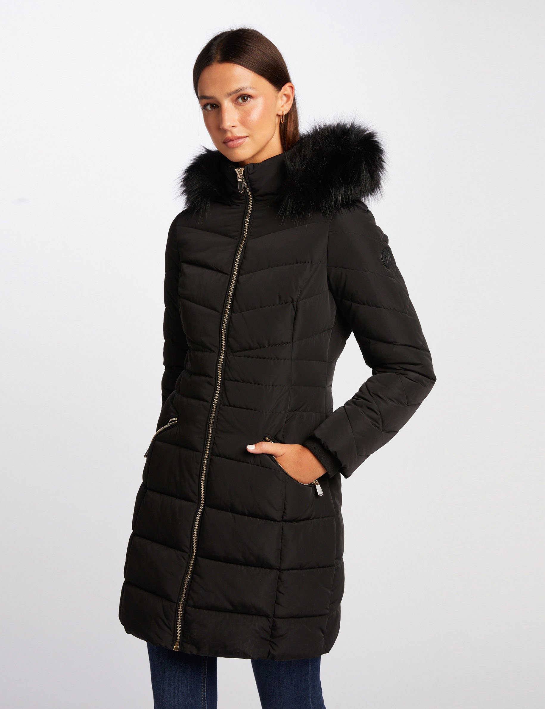 Maggie Belted Padded Coat with Faux Fur Hood in Black