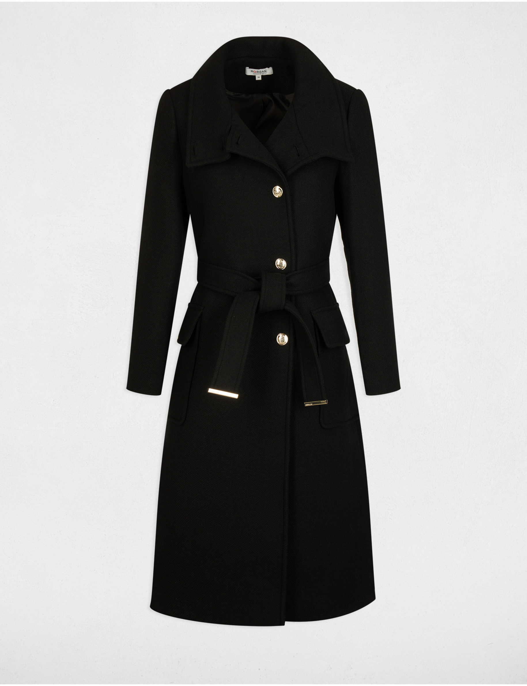 Belted long coat black women