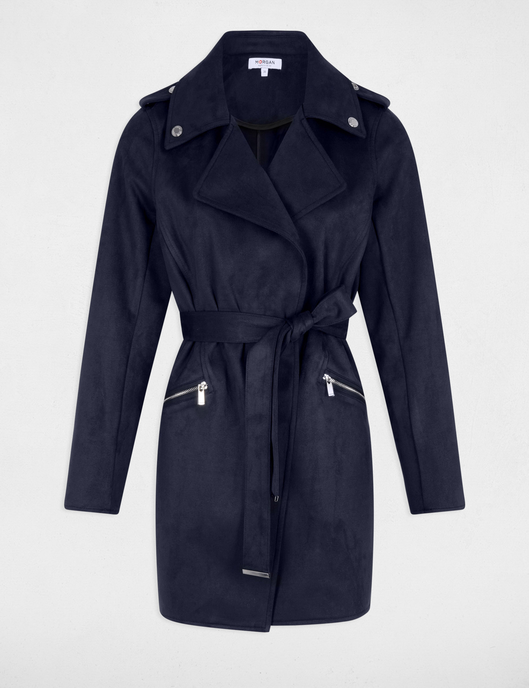 Belted long suede coat navy blue women