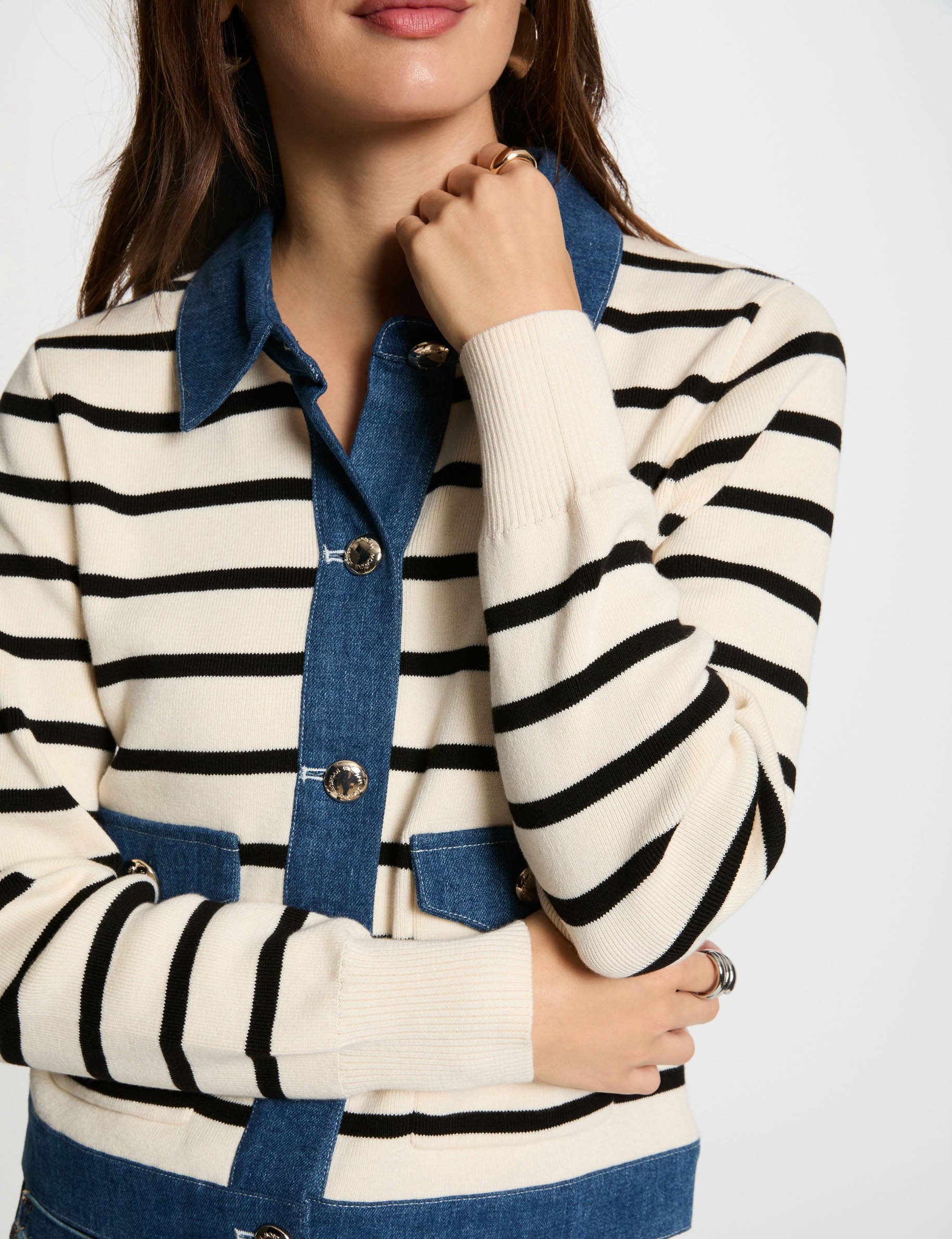 Striped cardigan lapel collar ivory women