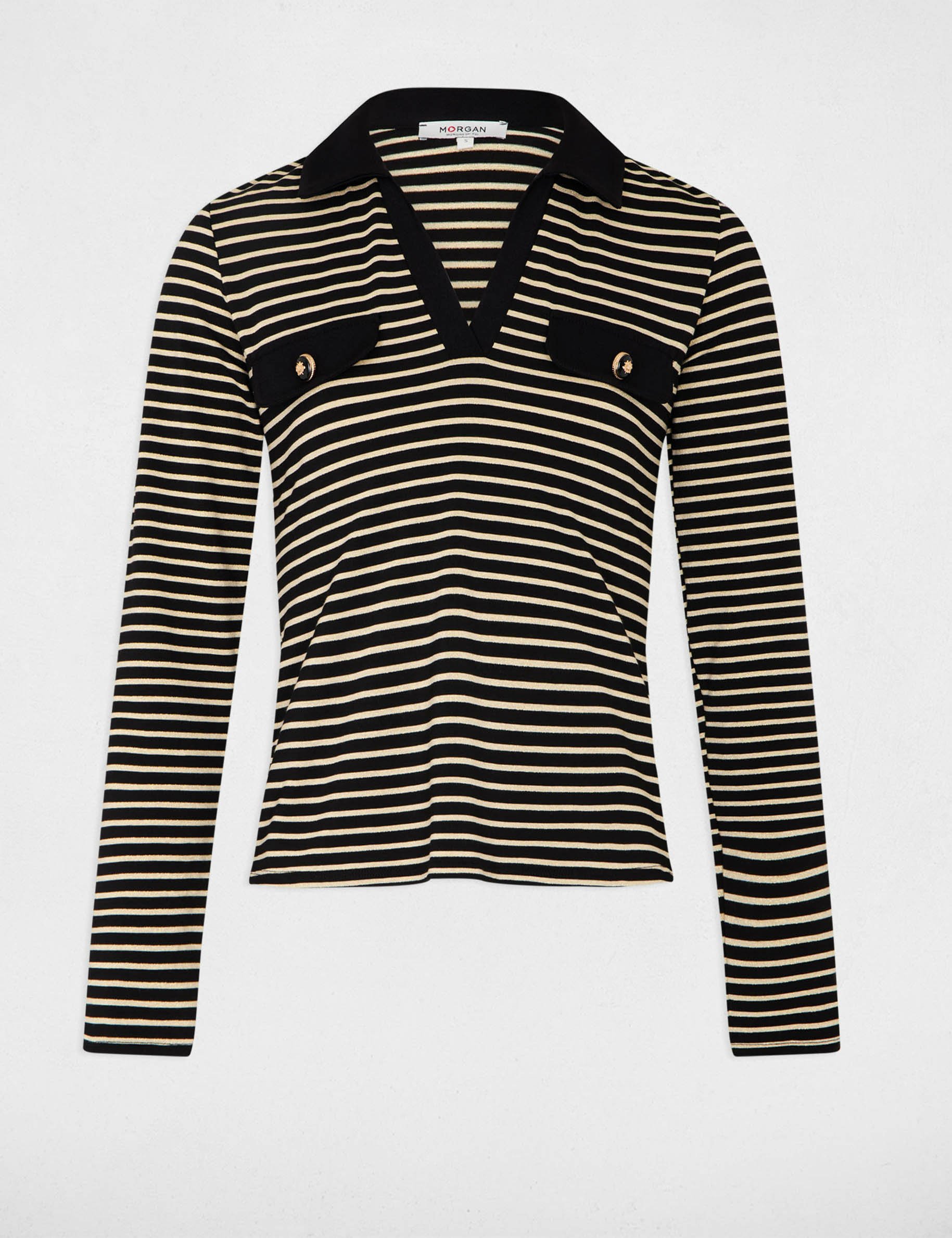 Striped long-sleeved polo black women