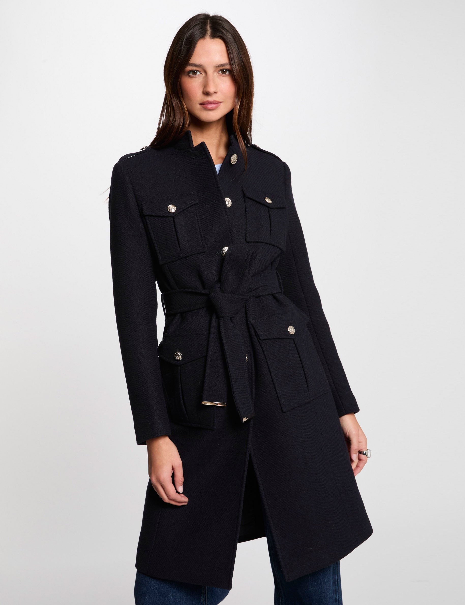 Belted long coat navy blue women