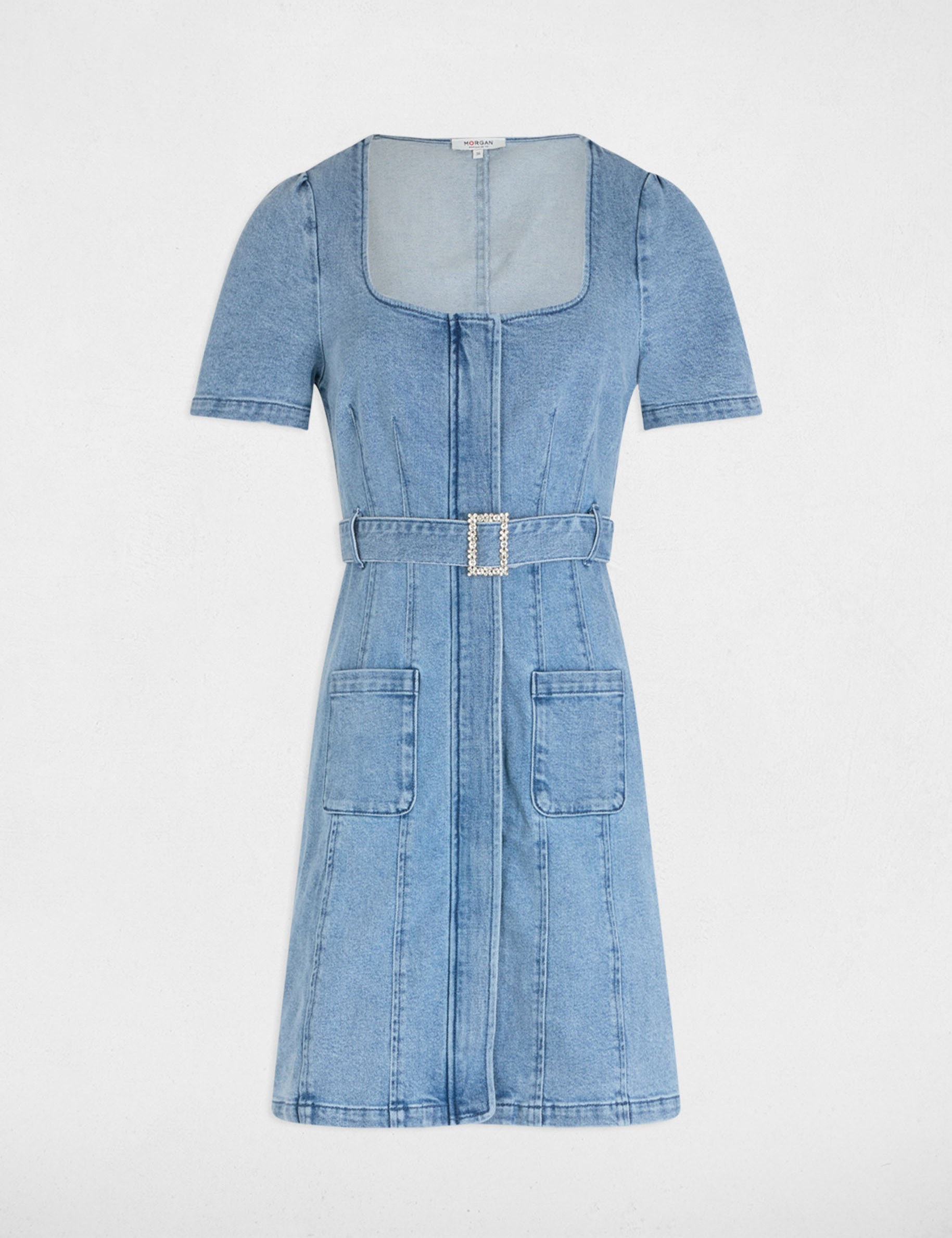 Straight mini denim dress heavy stone wash denim women